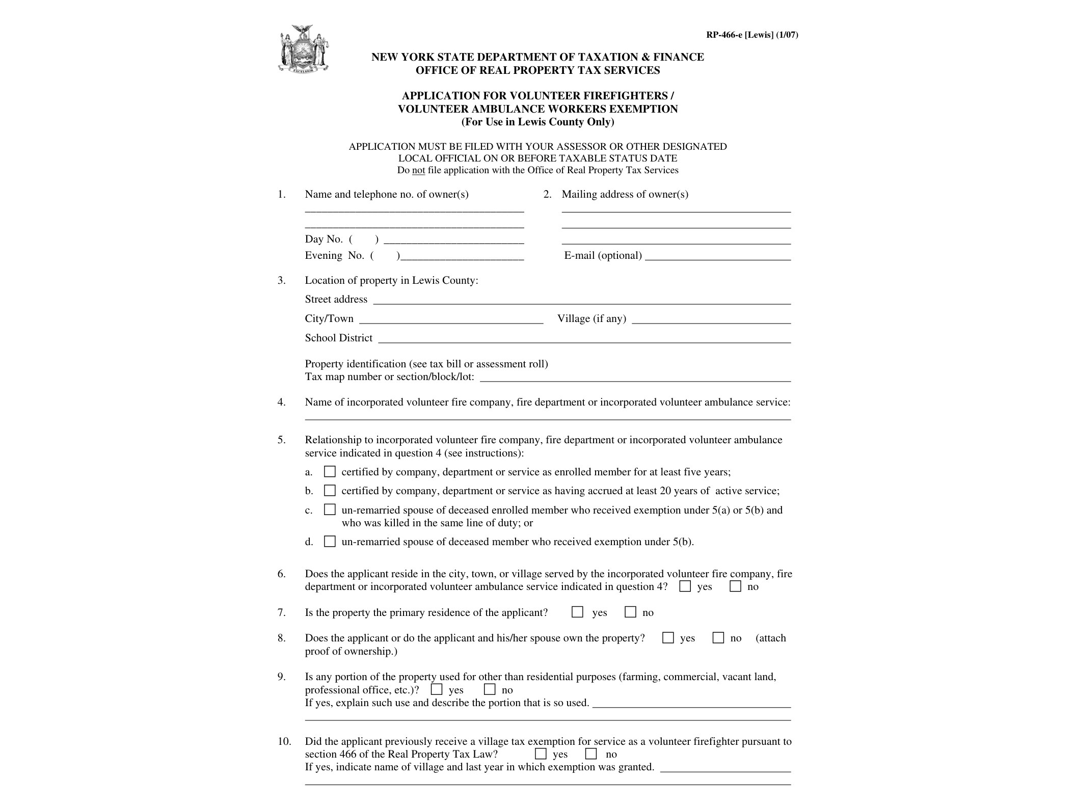 RP466E Form RP-466-E_Lewis:1/07:Application for volunteer Firefighters/Volunteer Ambulance Workers Exemption:rp466elewis - official form preview, page 1
