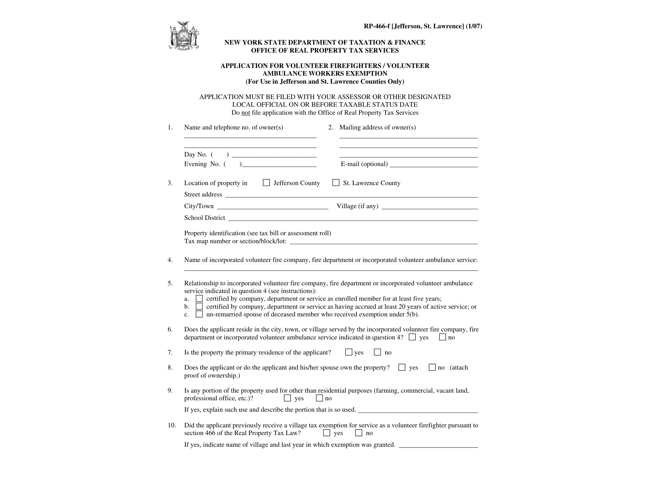 RP466F Form RP-466-F-Jefferson-St. lawrence:1/07:Application for Volunteer Firefighters/Ambulance Workers Exemption:rp466fjeffersonstlawrence - official form preview, page 1