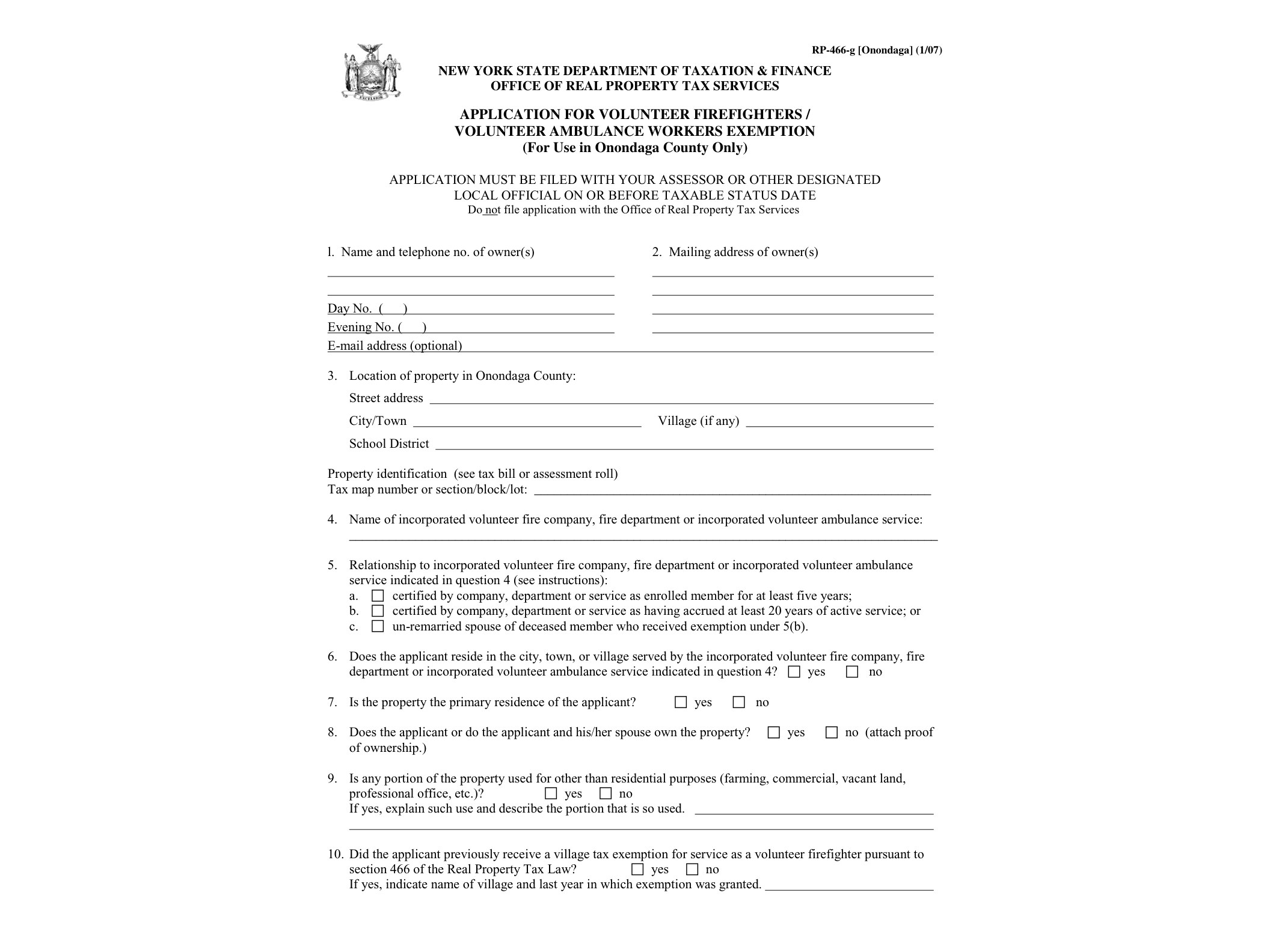 RP466G Form RP-466-G-Onondaga:1/07:Application for Volunteer Firefighters/Ambulance Workers Exemption:rp466gonondaga - official form preview, page 1
