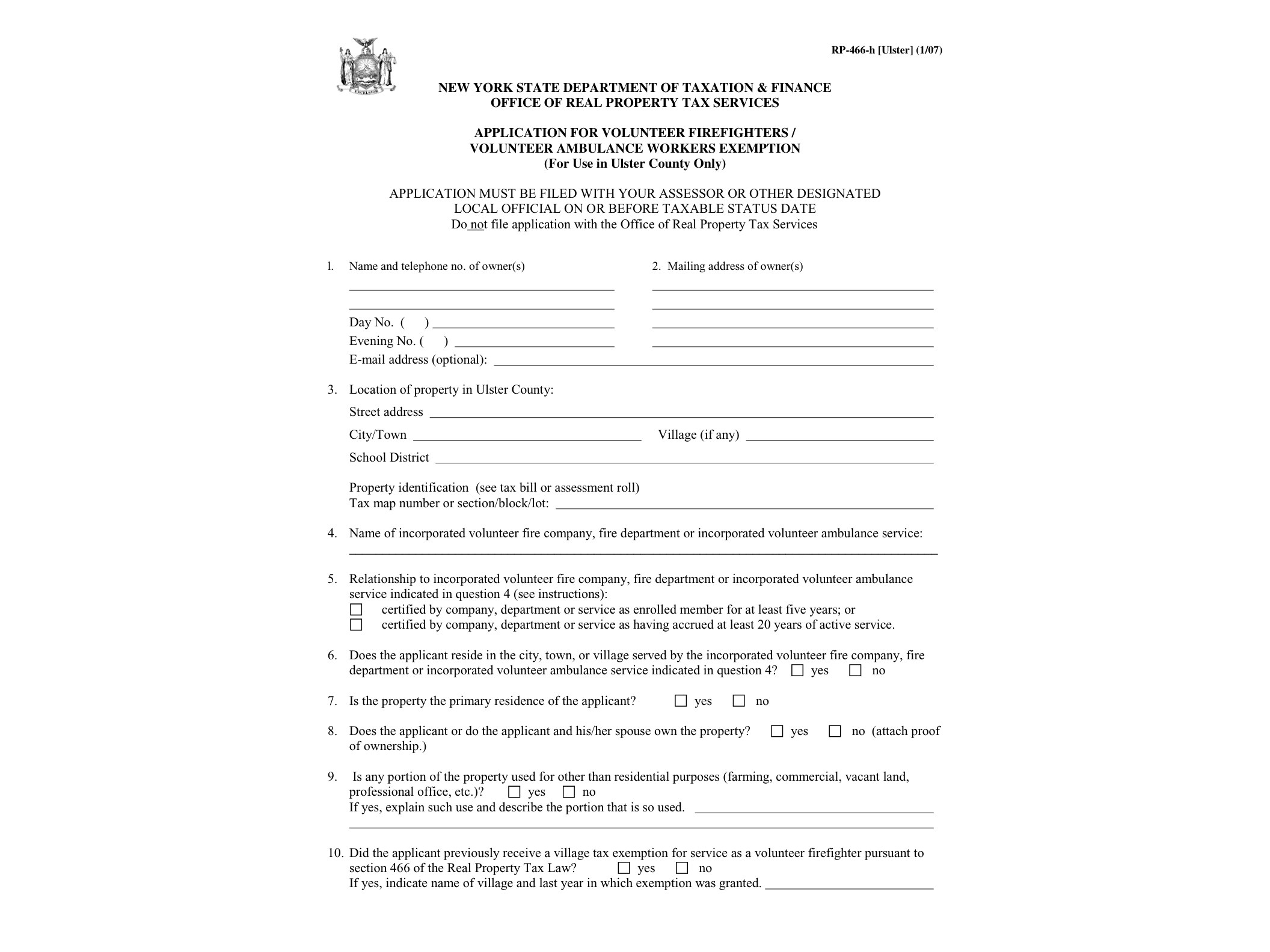 RP466H Form RP-466-H-Ulster:1/07:Application for Volunteer Firefighters/Ambulance Workers Exemption:rp466hulster - official form preview, page 1