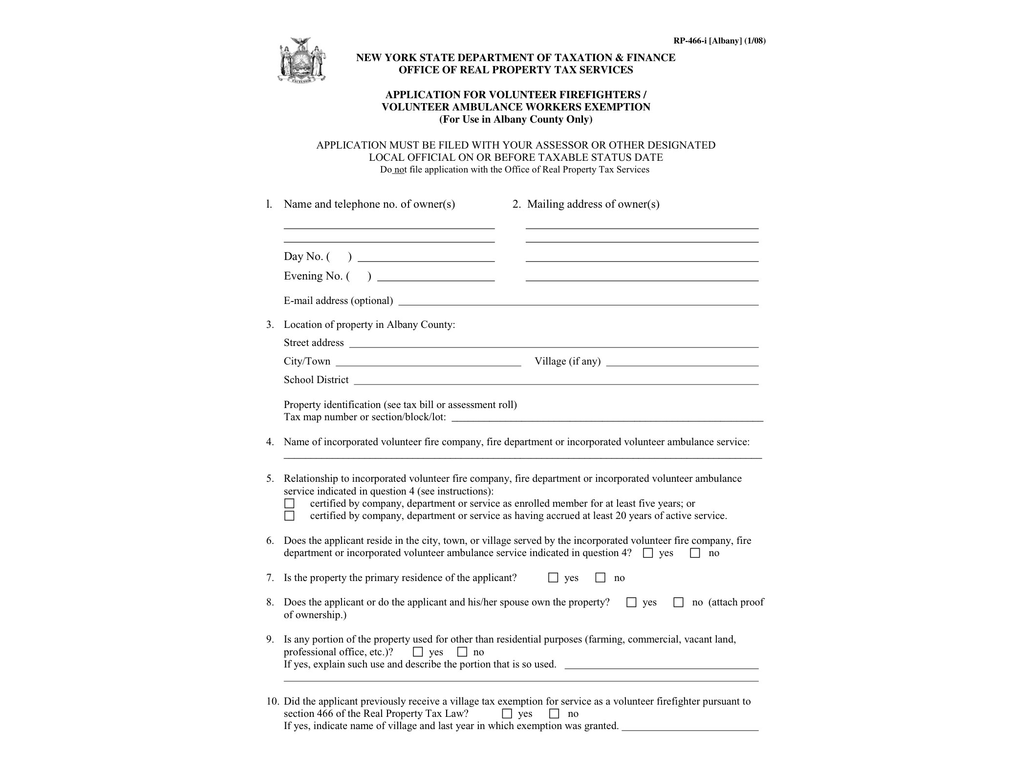 RP466I Form RP-466-I-Albany:1/08:Application for Volunteer Firefighters/Ambulance Workers Exemption:rp466ialbany - official form preview, page 1