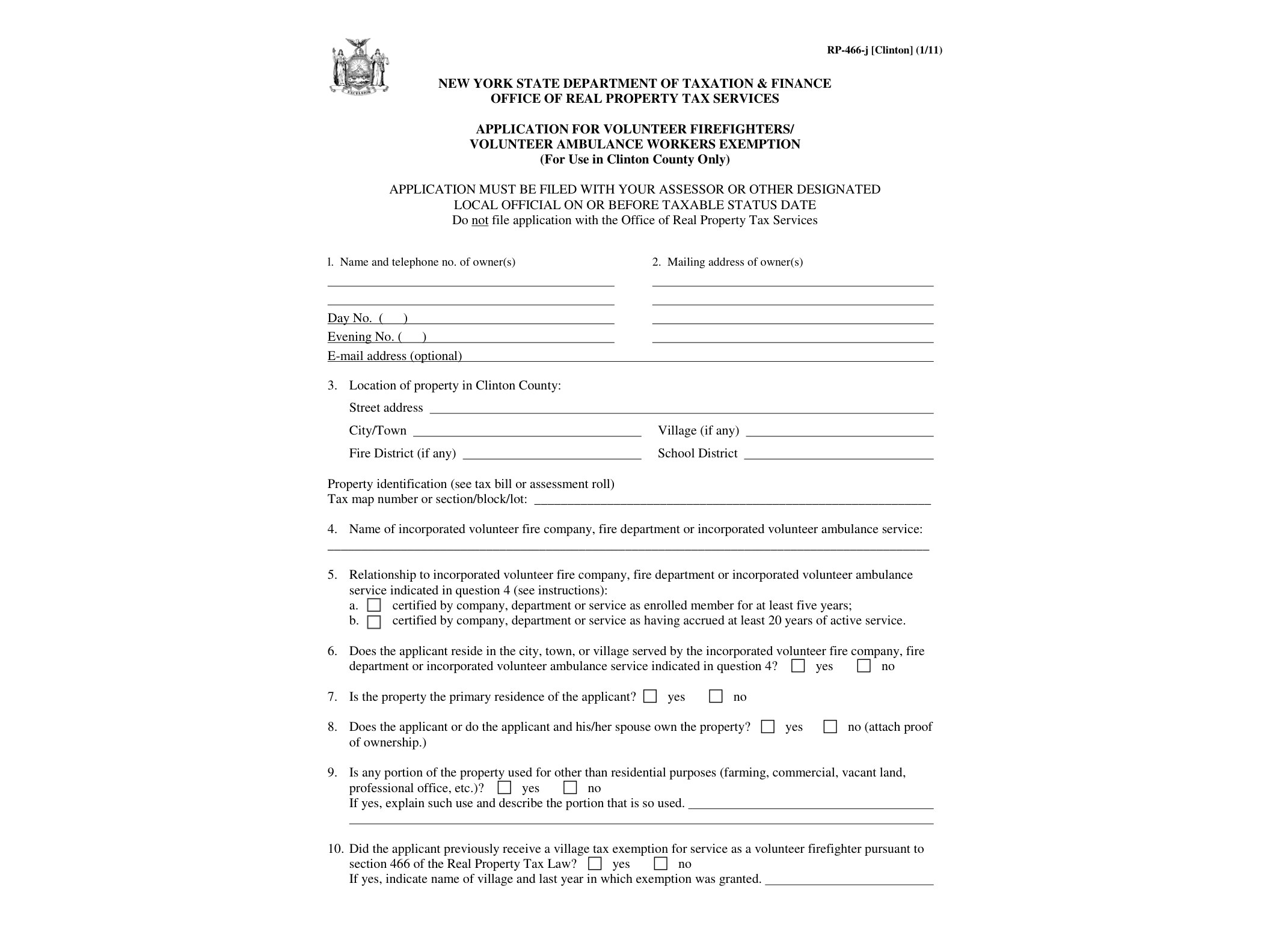 RP466J Form RP-466-J-Clinton:1/11:Application for Volunteer Firefighters/Ambulance Workers Exemption:rp466jclinton - official form preview, page 1