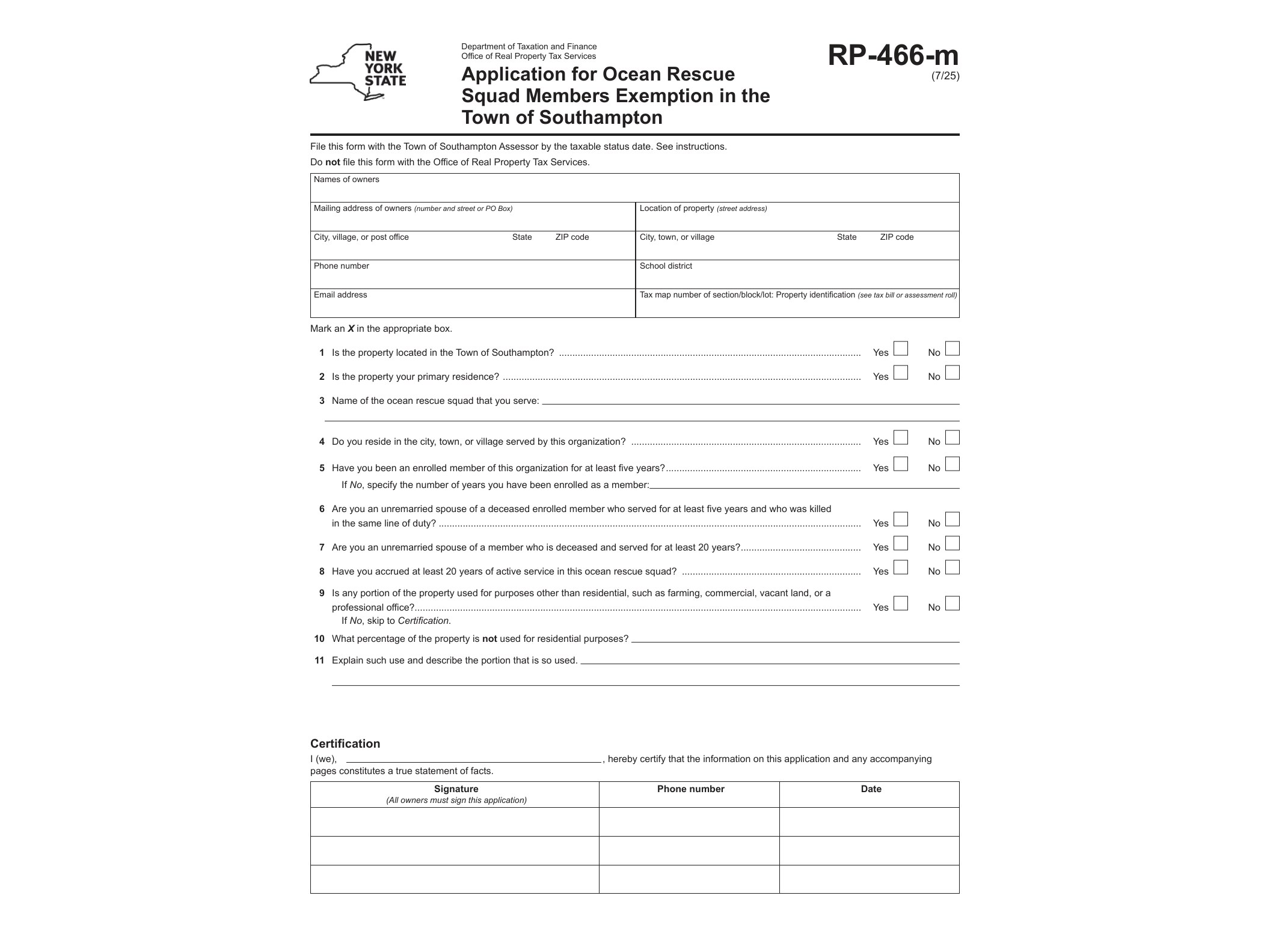RP466M Form RP-466-m Application for Ocean Rescue Squad Members Exemption in the Town of Southampton Revised 7/25 - official form preview, page 1