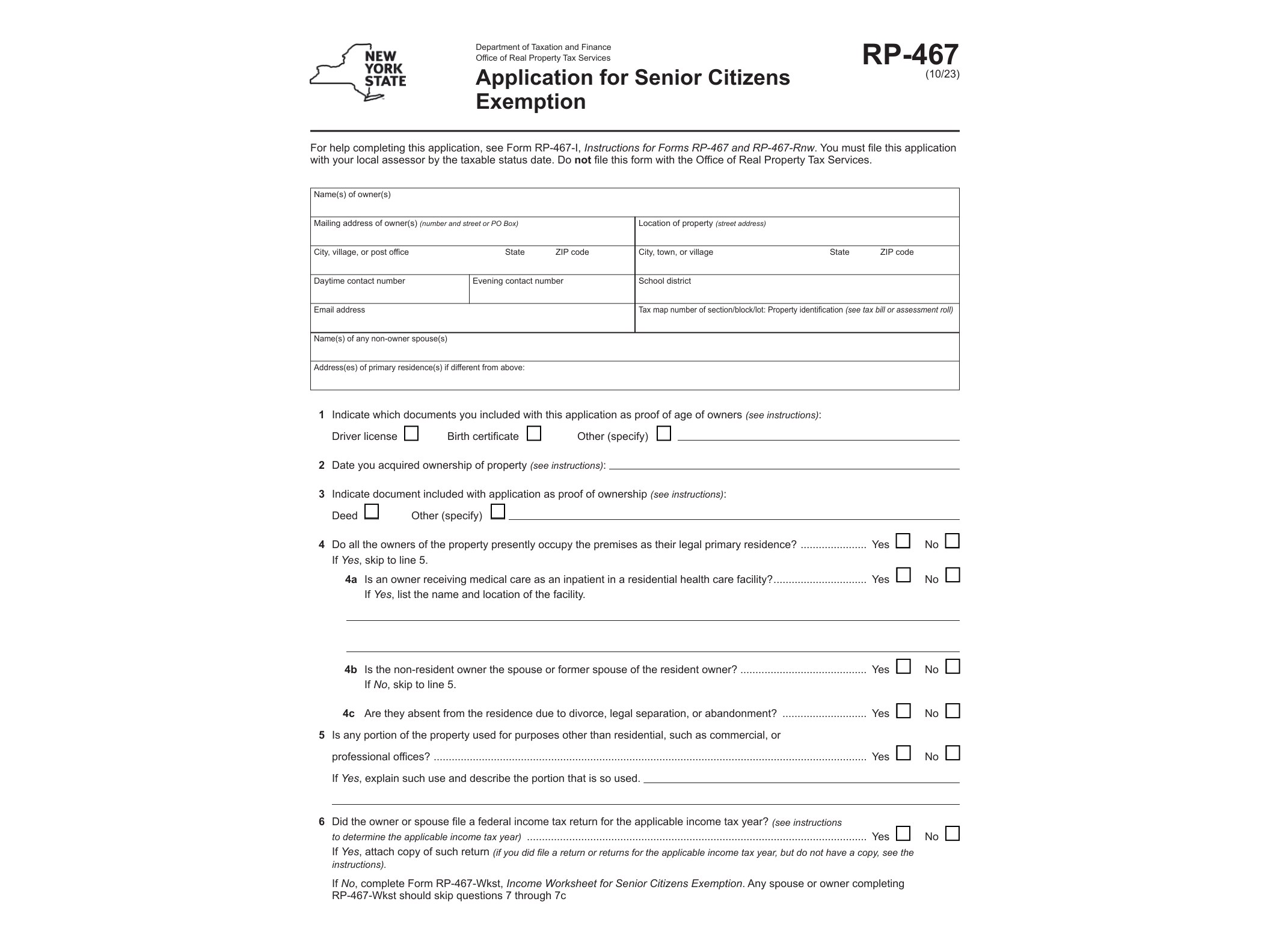 RP467 Form RP-467 Application for Partial Tax Exemption for Real Property of Senior Citizens Tax Year 2023 - official form preview, page 1
