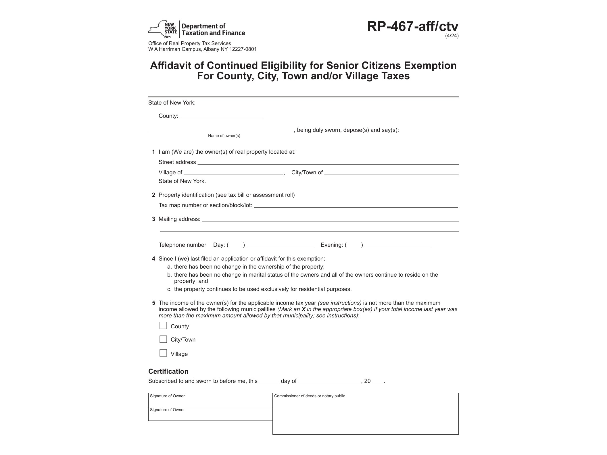 RP467AFF Form RP-467-aff/ctv Affidavit of Continued Eligibility for County/City/Town/Village Partial School Tax Exemption for Real Property of Senior Citizens Revised 4/24 - official form preview, page 1