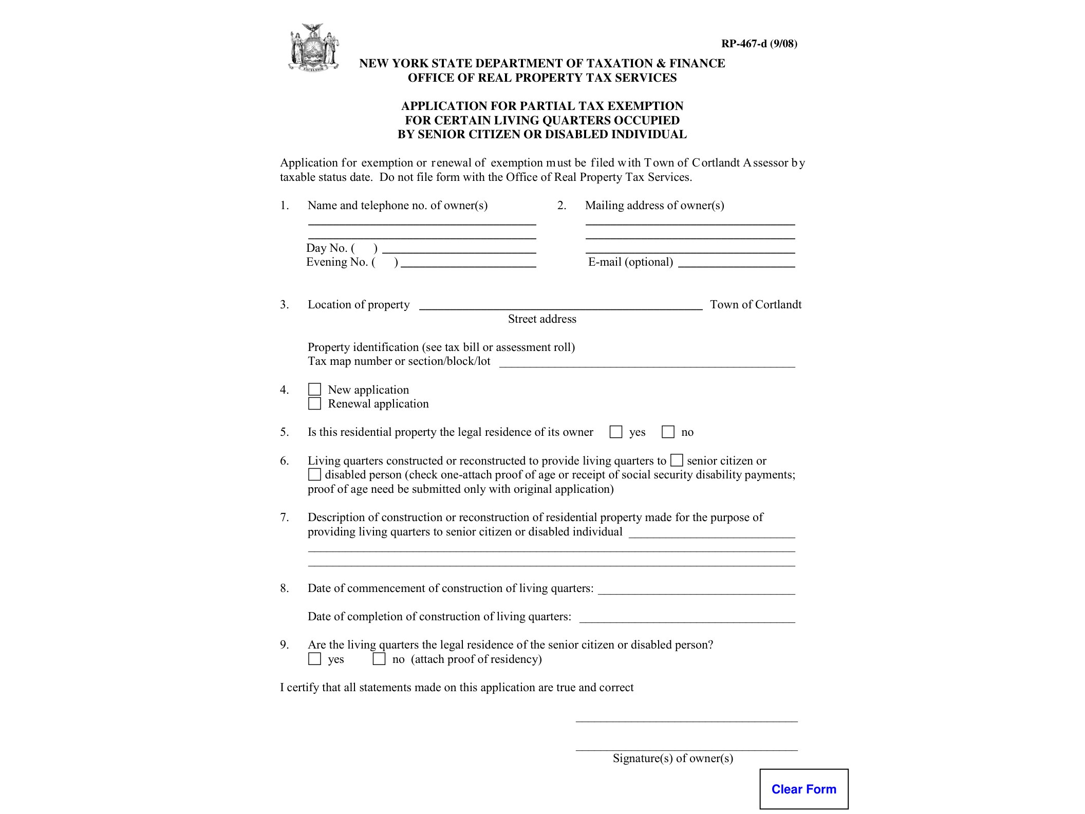 RP467D Form RP-467-D:9/08:Application for Partial Tax Exemption for Certain Living Quarters Occupied by Senior Citizen or Disabled Individual:rp467d - official form preview, page 1
