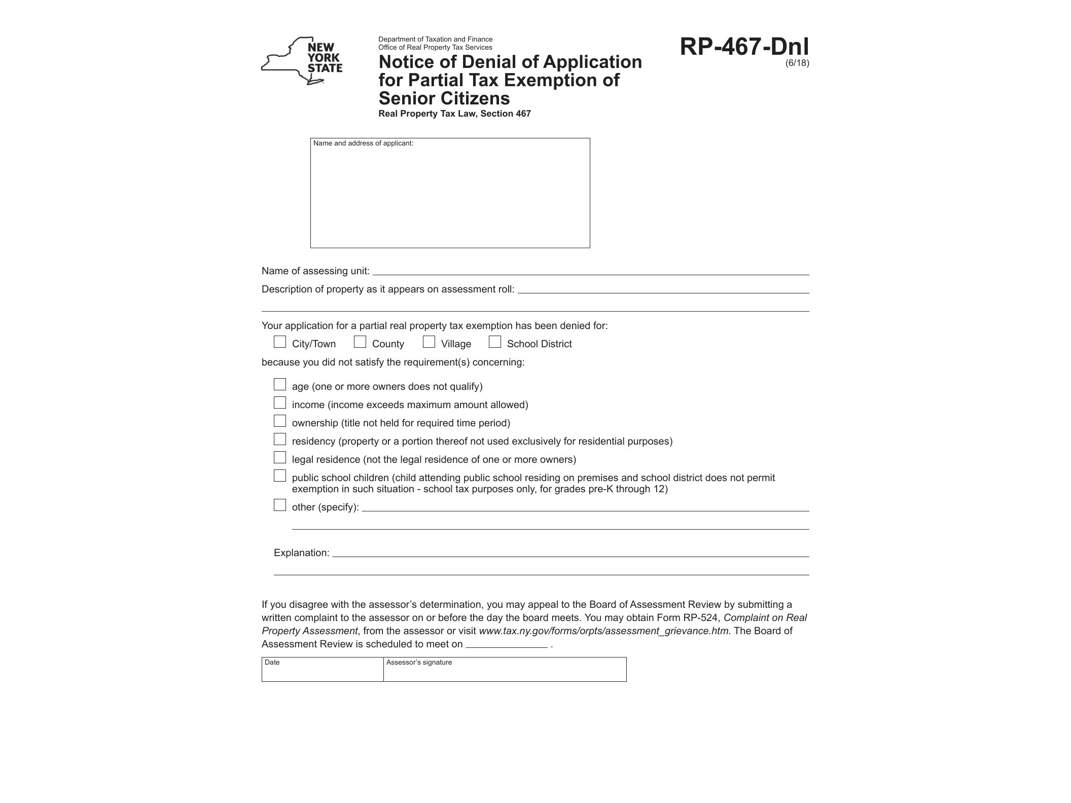 RP467DNL Form RP-467-Dnl:6/18:Notice of Denial of Application for Partial Tax Exemption of Senior Citizens:rp467dnl - official form preview, page 1