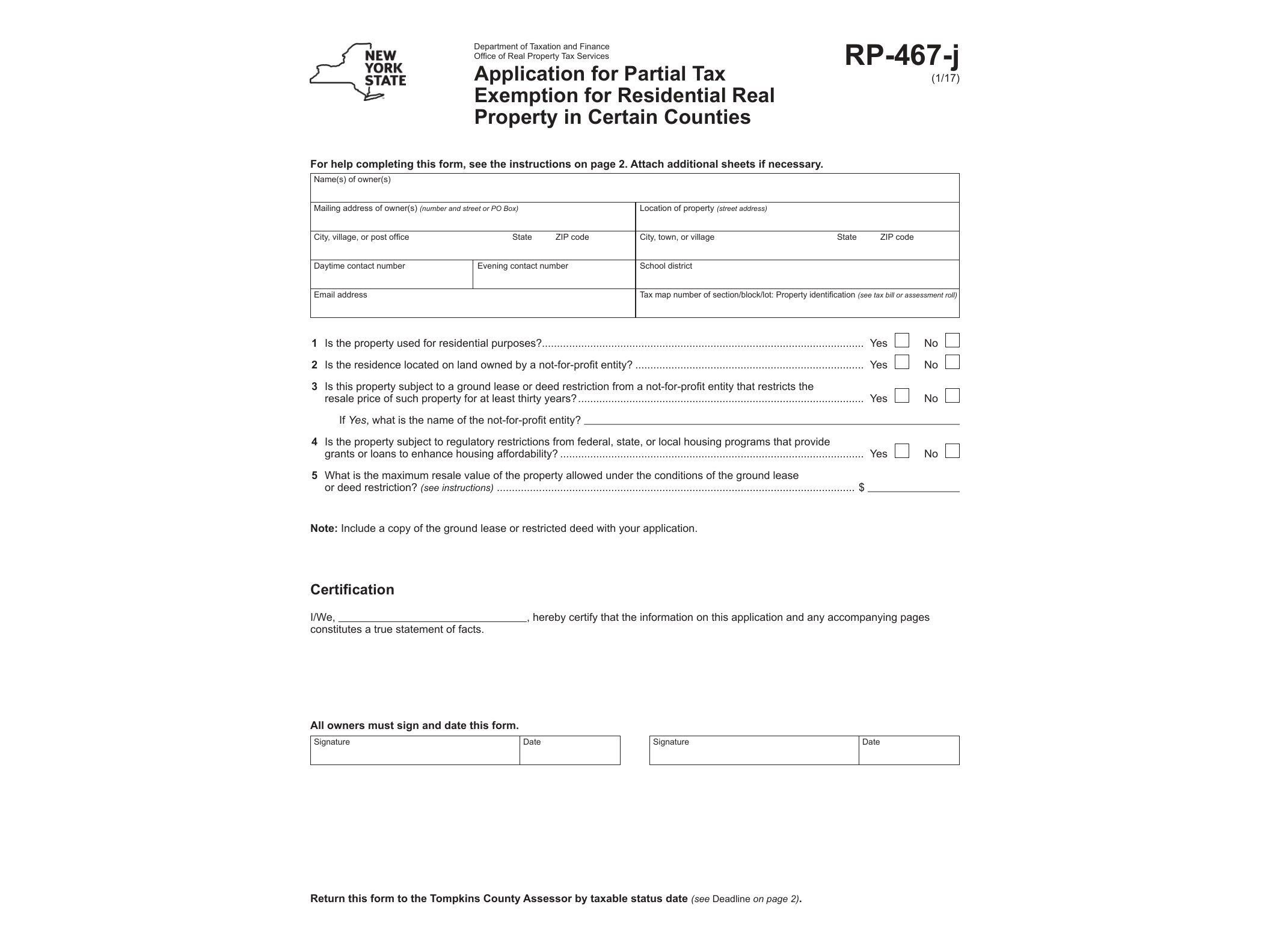 RP467J Form RP-467-j:1/17:Application for Partial Tax Exemption for Residential Real Property in Certain Counties:rp467j - official form preview, page 1