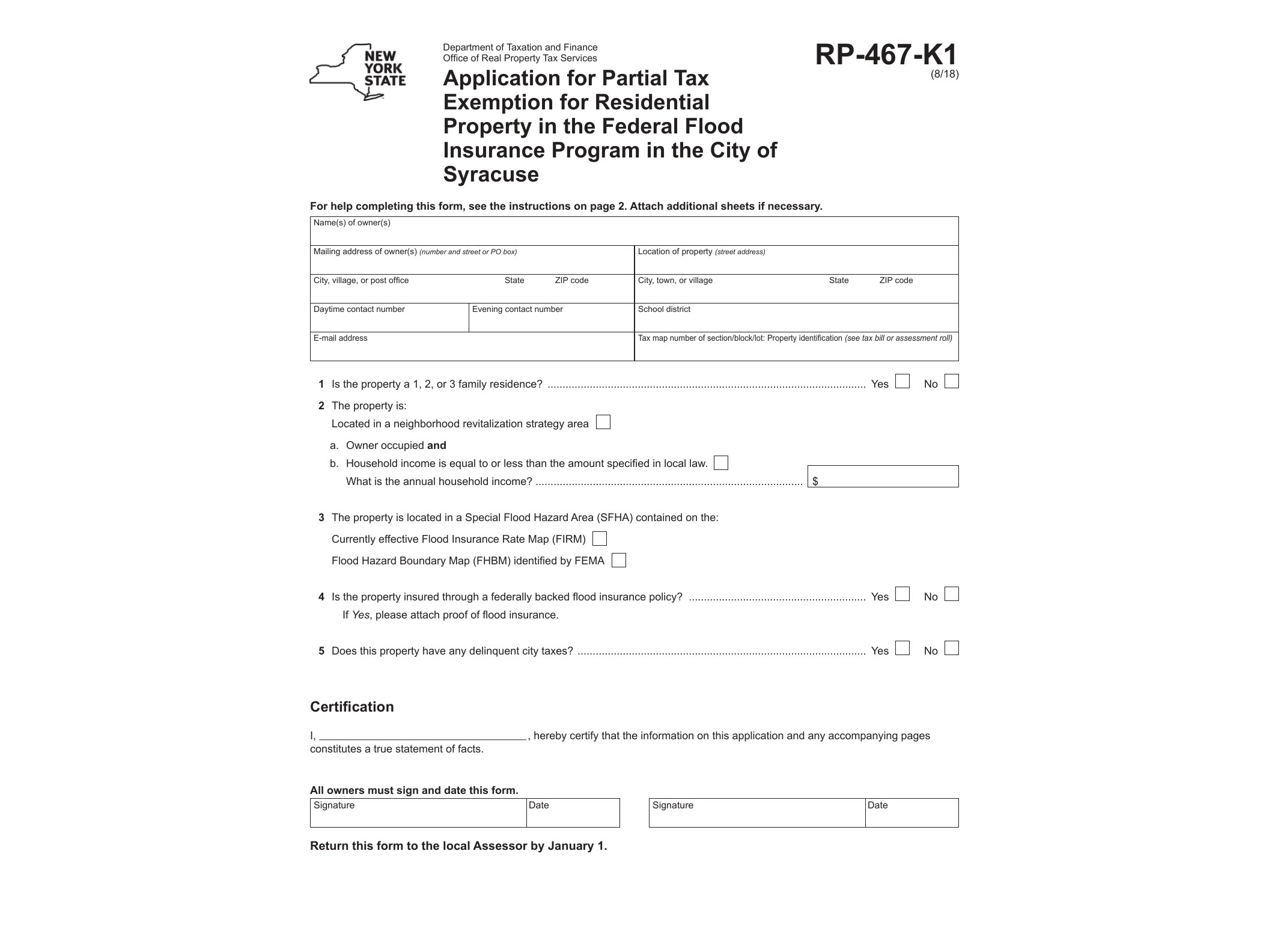 RP467K Form RP-467-K1:8/18:Application for Partial Tax Exemption for Residential Property in the Federal Flood Insurance Program in the City of Syracuse:rp467k1 - official form preview, page 1