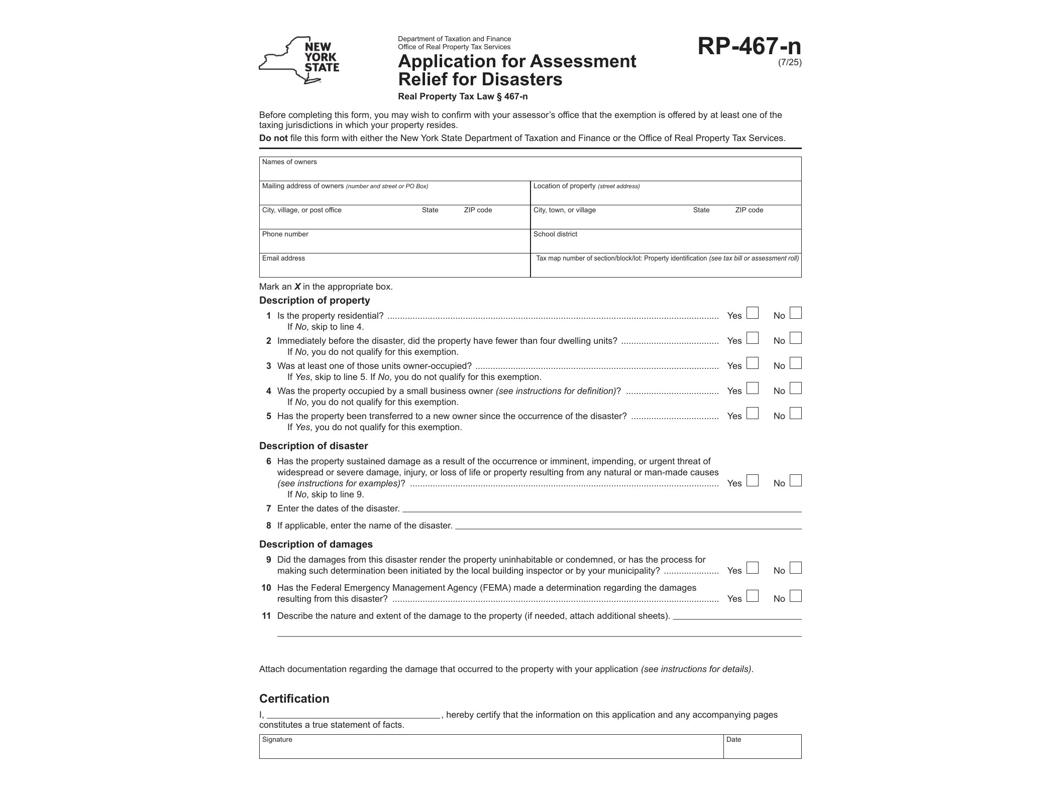 RP467N Form RP-467-n Application for Assessment Relief for Disasters Revised 7/25 - official form preview, page 1