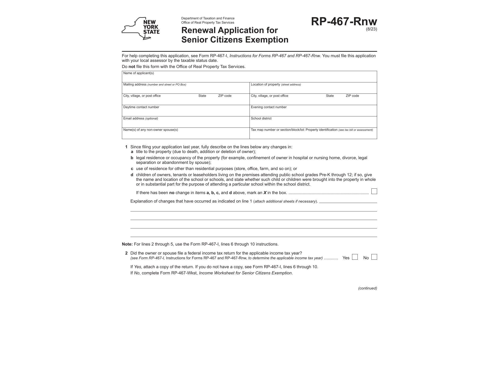 RP467RNW Form RP-467-Rnw Renewal Application for Senior Citizens Exemption Revised 8/23 - official form preview, page 1