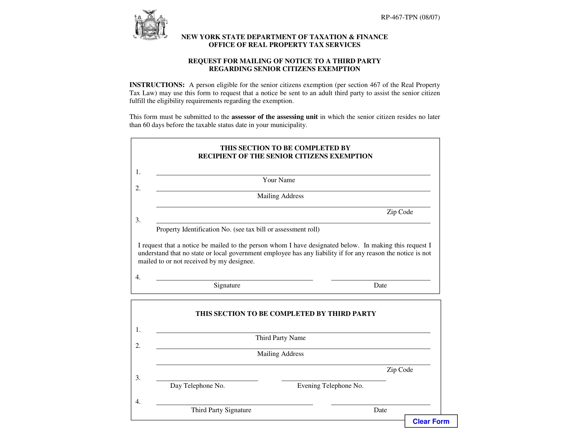 RP467TPN Form RP-425-TPN:8/07:Request for Mailing of Notice to a Third Party Regarding Senior Citizens Exemption:rp467tpn - official form preview, page 1