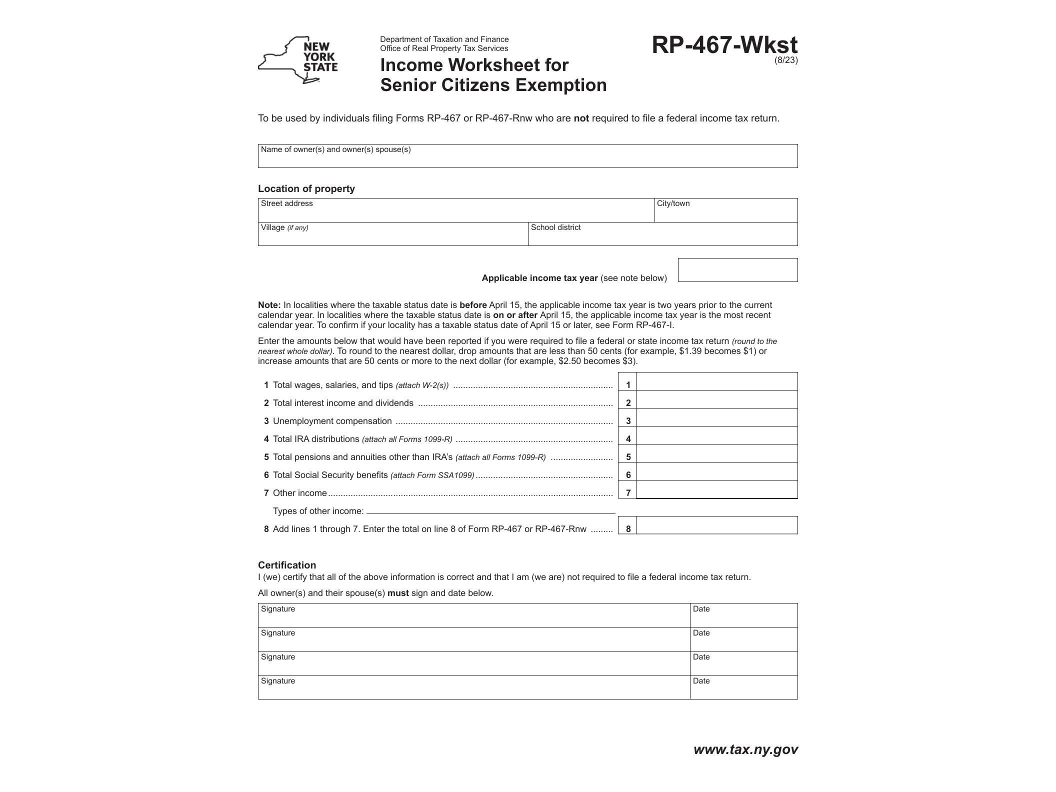 RP467WKS Form RP-467-Wkst Income Worksheet for Senior Citizens Exemption Revised 8/23 - official form preview, page 1