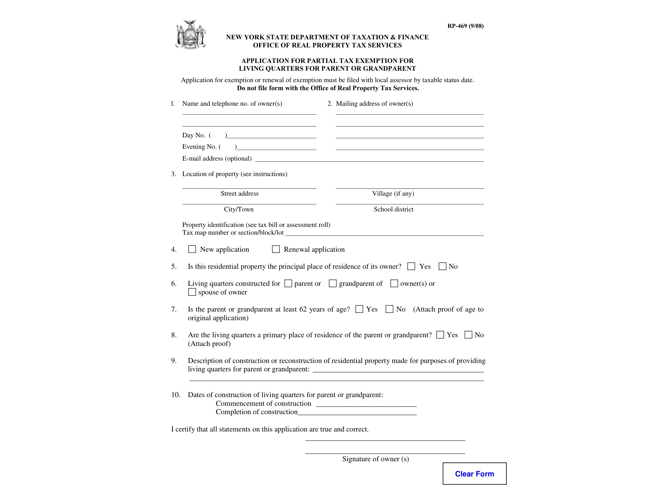 RP469 Form RP-469:9/08:Application for Partial Tax Exemption for Living Quarters for Parent or Grandparent:rp469 - official form preview, page 1