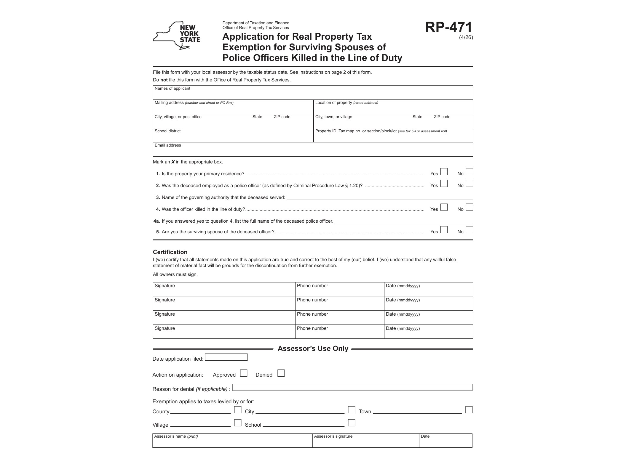 RP471 Form RP-471 Application for Real Property Tax Exemption for Surviving Spouses of Police Officers Killed in the Line of Duty Revised 4/26 - official form preview, page 1