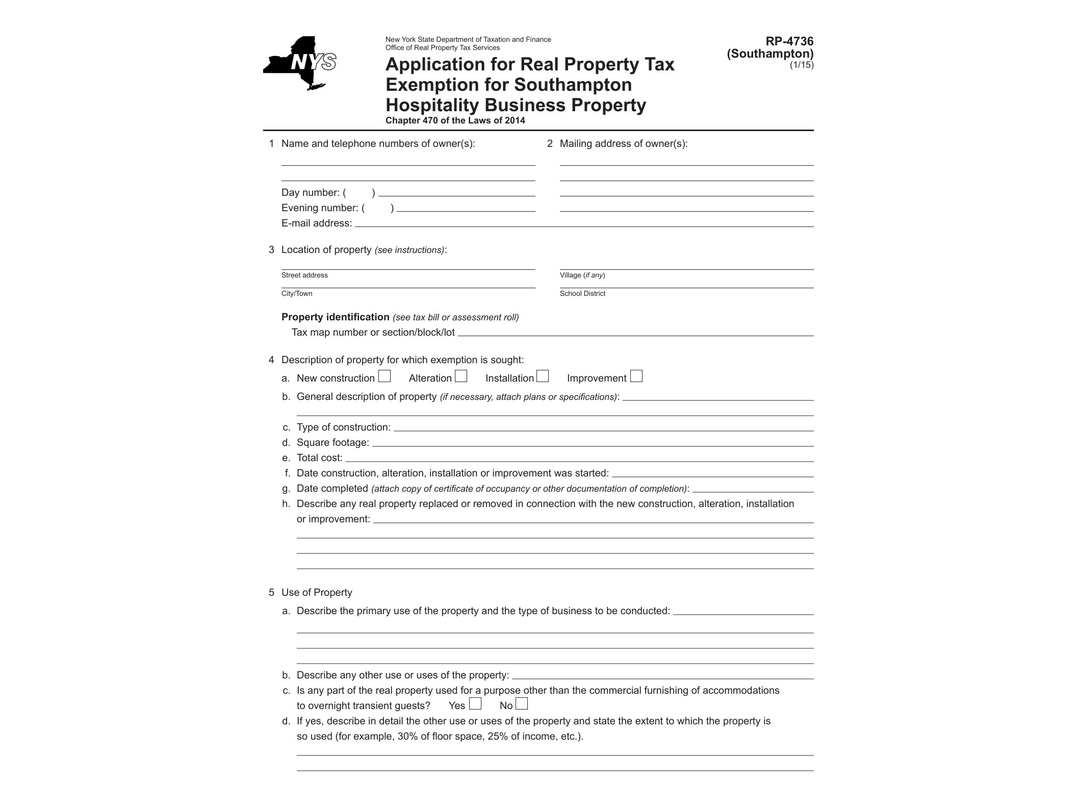 RP4736 Form RP-4736:Southhampton:1/15:Application for Real Property Tax Exemption for Southampton Hospitality Business Property:rp4736 - official form preview, page 1