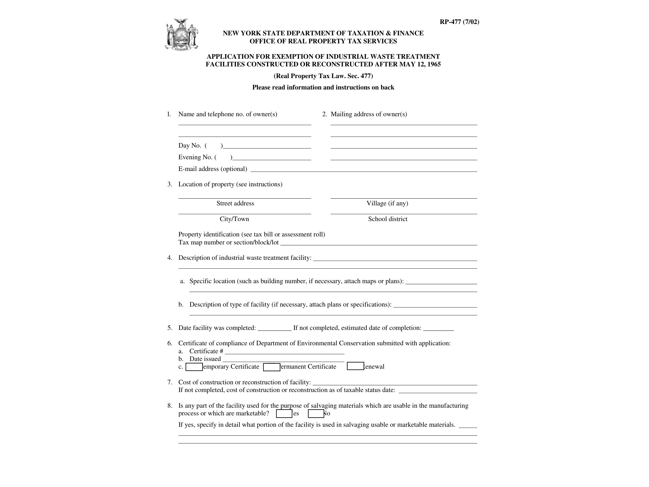 RP477 Form RP-477:7/02:Application for Exemption of Industrial Waste Treatment Facilities Constructed or Reconstructed after May 12, 1965:rp477 - official form preview, page 1