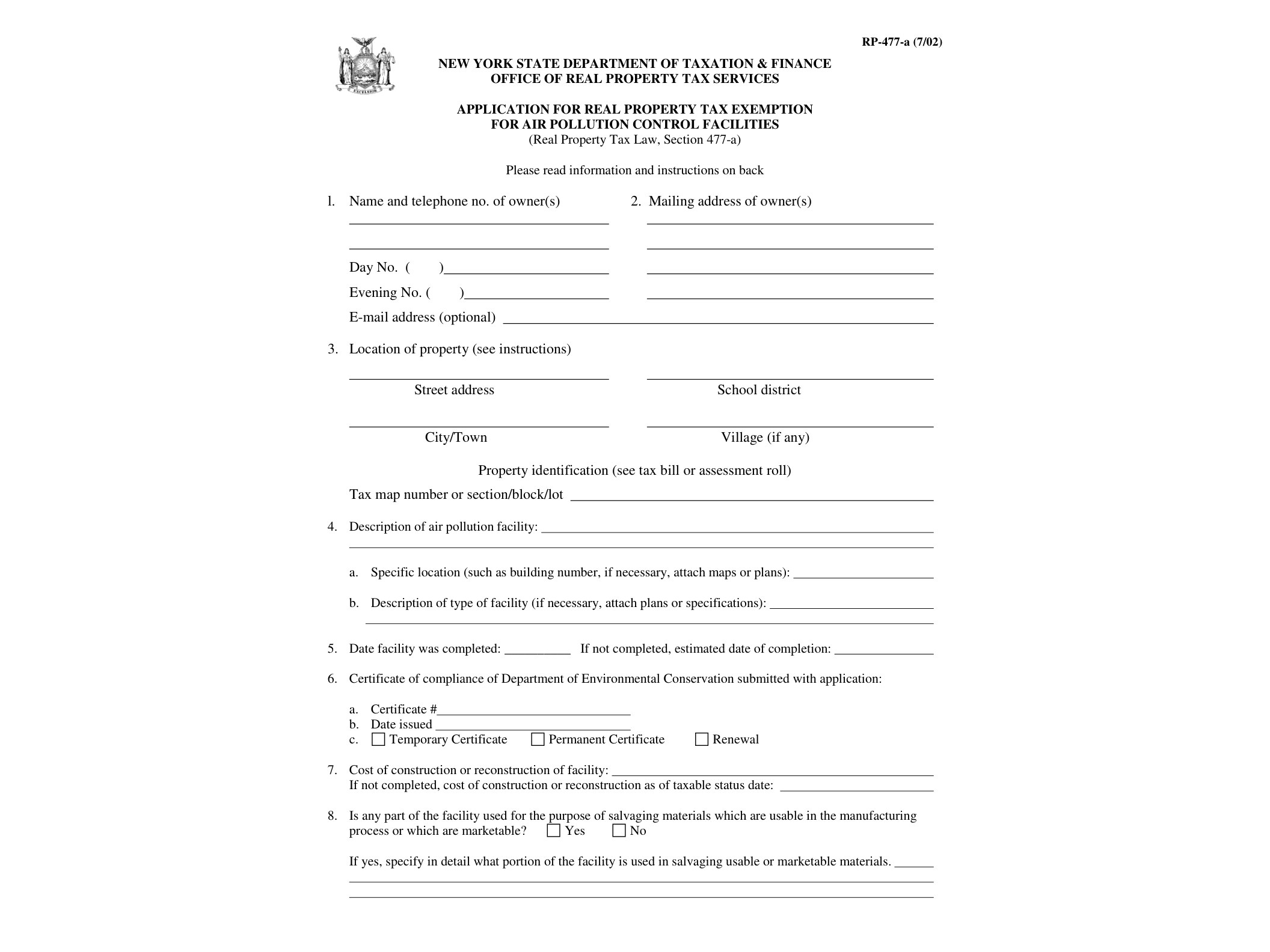 RP477A Form RP-477-A:7/02:Application for Real Property Tax Exemption for Air Pollution Control Facilities:rp477a - official form preview, page 1
