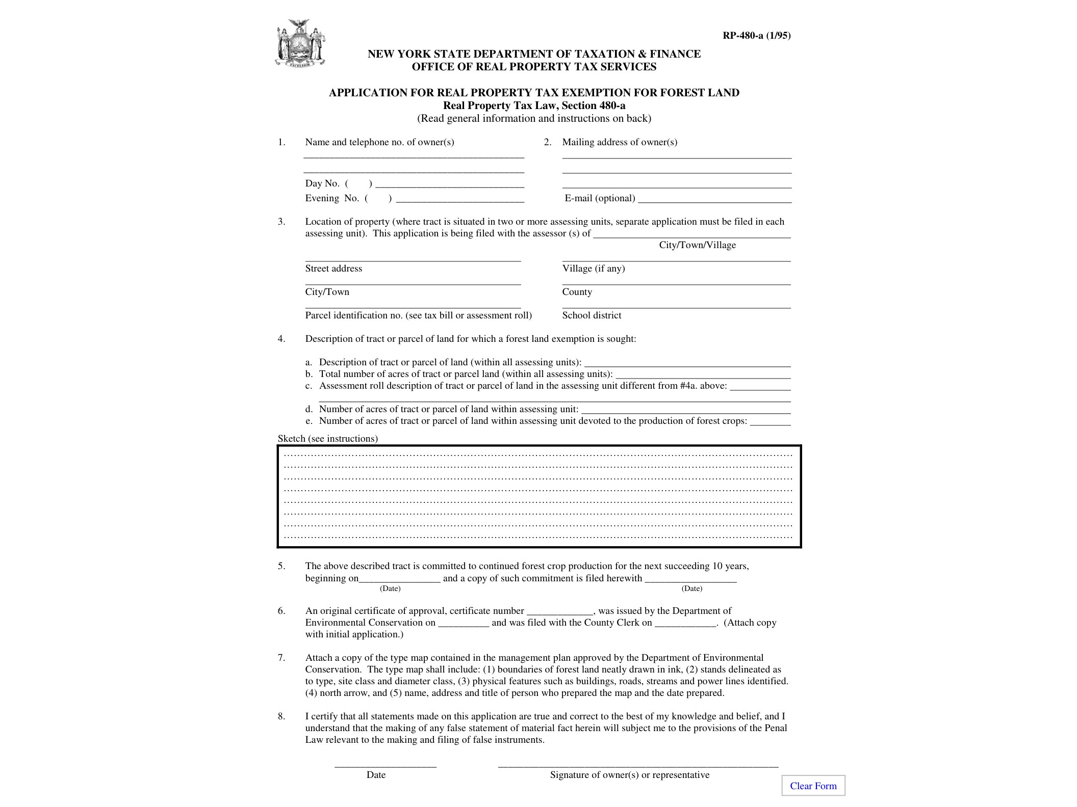 RP480A Form RP-480-A:1/95:Application for Real Property Tax Exemption for Forest Land:rp480a - official form preview, page 1