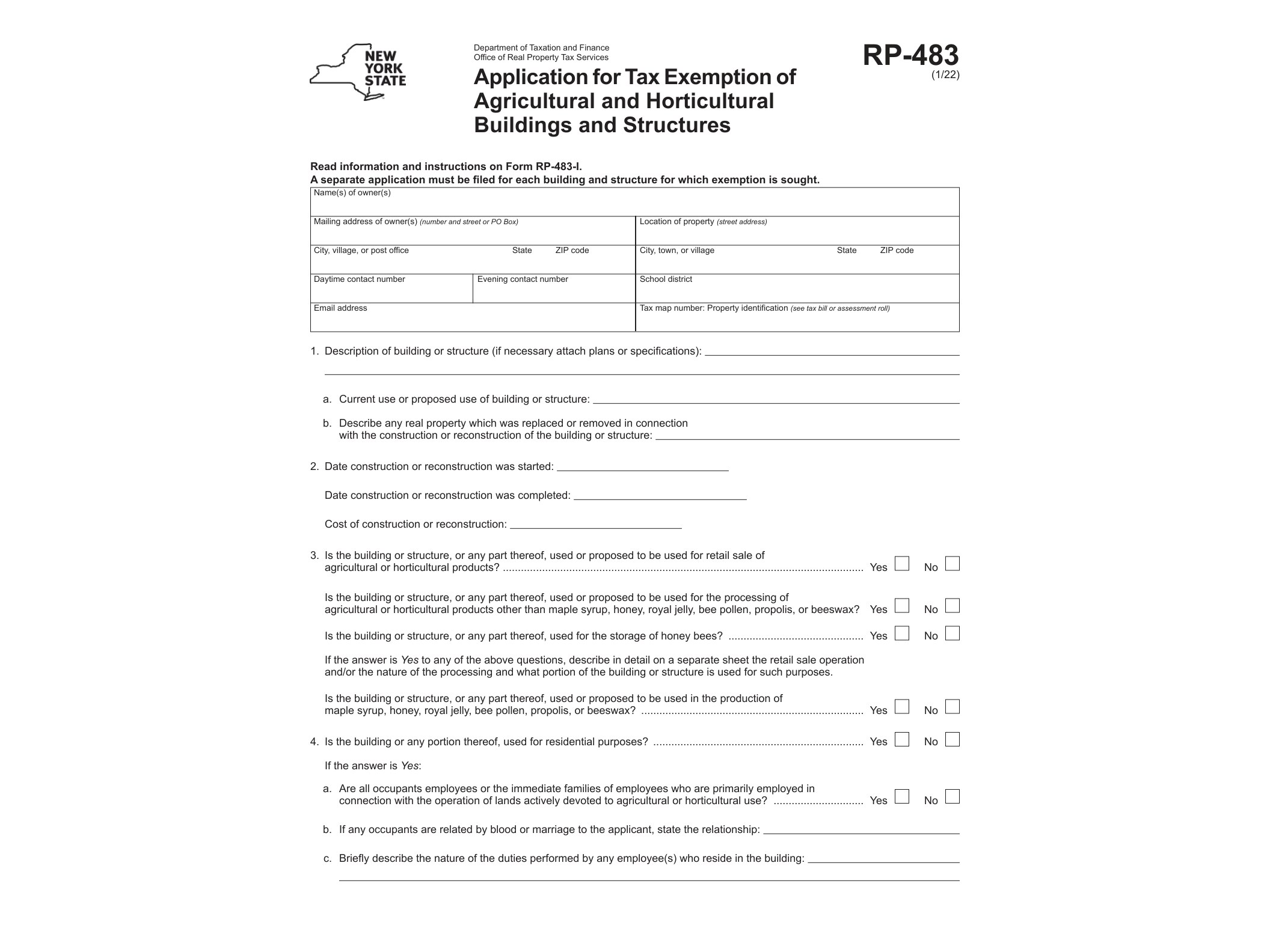 RP483 Form RP-483 Application for Tax Exemption of Agricultrual and Hoticultural Buildings and Structures Revised 1/22 - official form preview, page 1