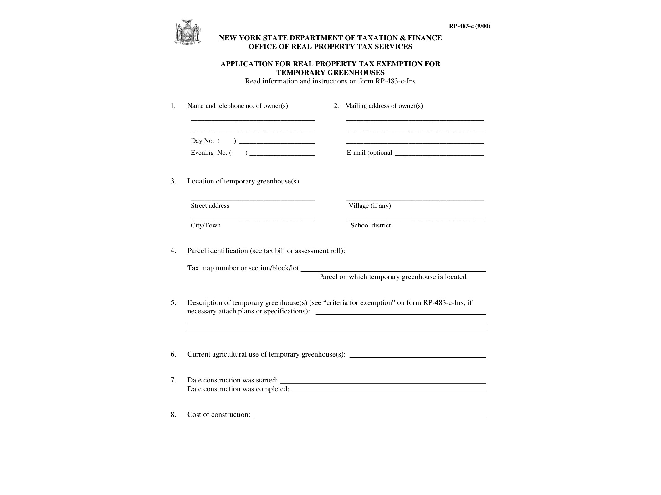 RP483C Form RP-483-C:9/00:Application for Real Property Tax Exemption for Temporary Greenhouses:rp483c - official form preview, page 1