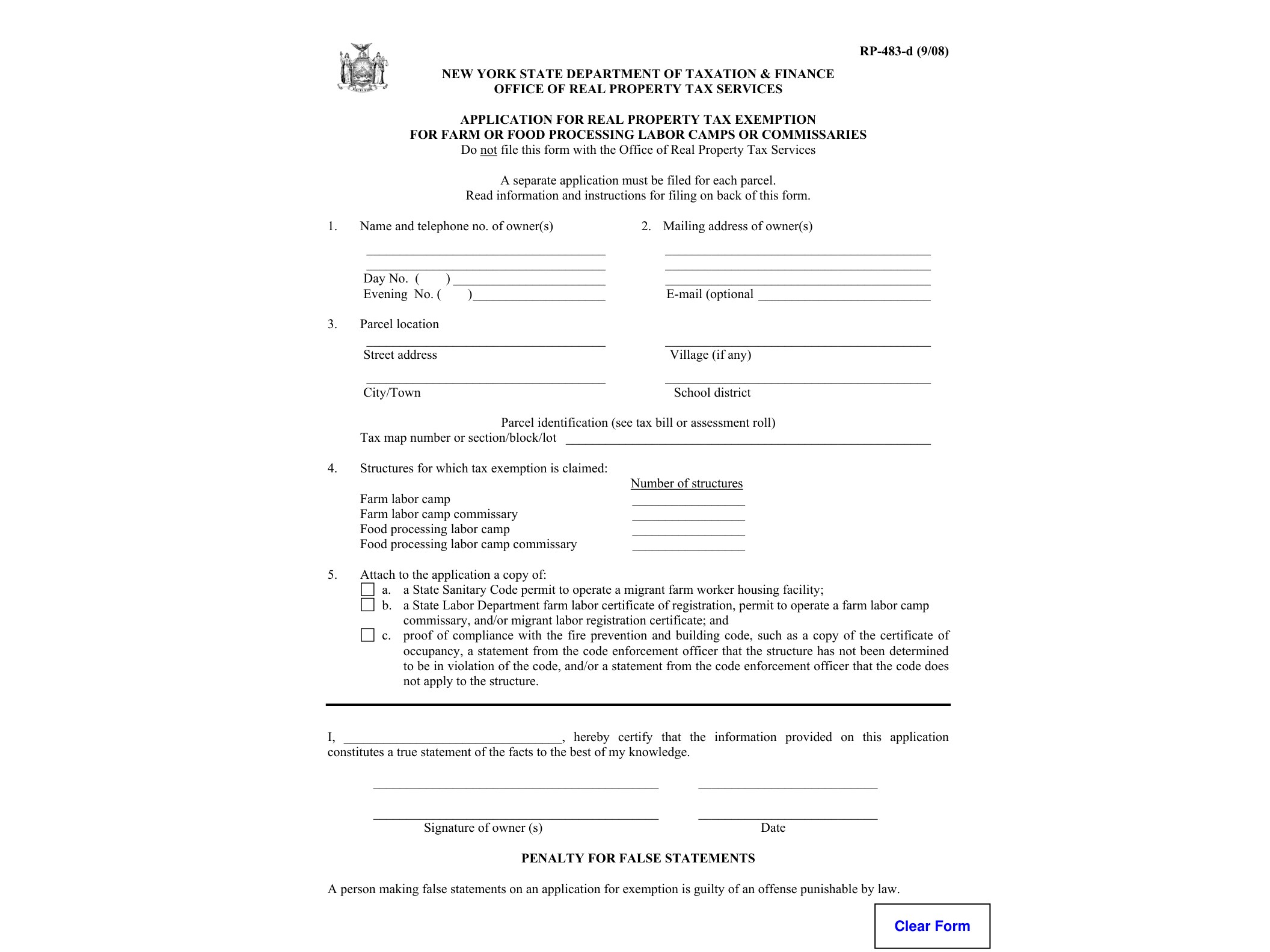 RP483D RP-483-d:9/08:Application for Real Property Tax Exemption for Farm or Food Processing Labor Camps or Commissaries,rp483d - official form preview, page 1
