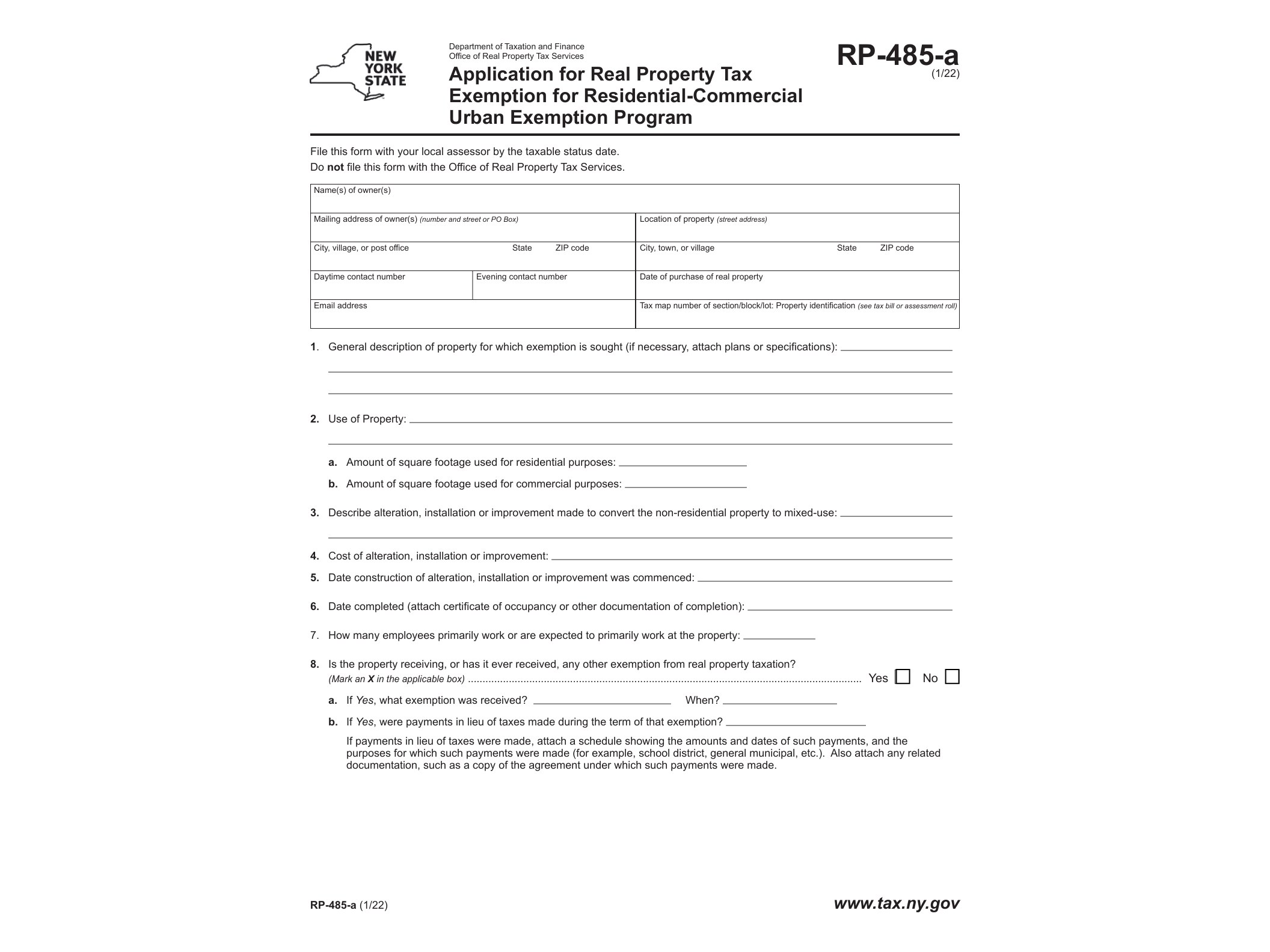 RP485A Form RP-485-a Application for Real Property Tax Exemption for Residential-Commercial Urban Exemption Program Revised 1/22 - official form preview, page 1