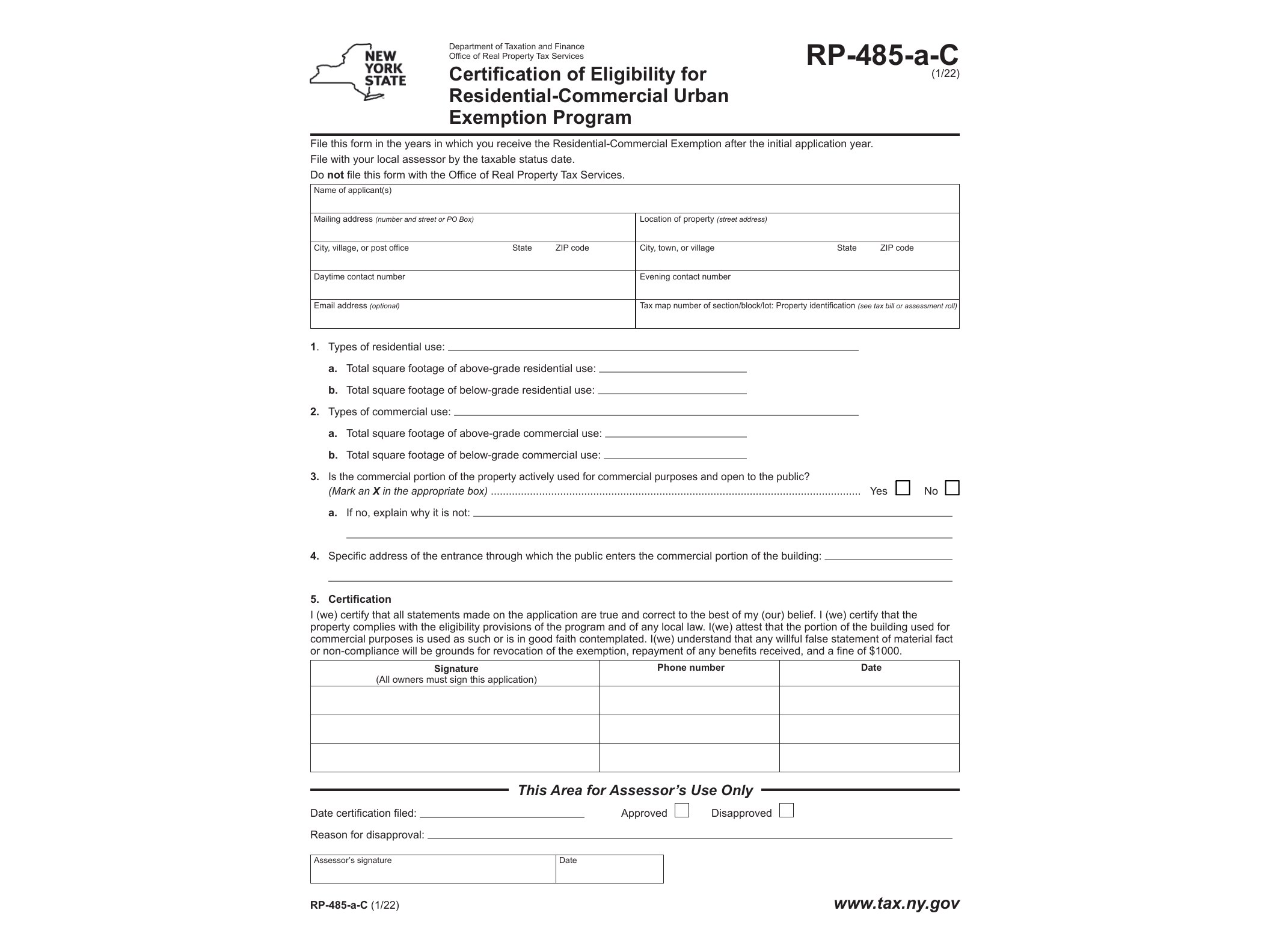RP485AC Form RP-485-a-C Certification of Eligibility for Residential-Commercial Urban Exemption Program Revised 1/22 - official form preview, page 1