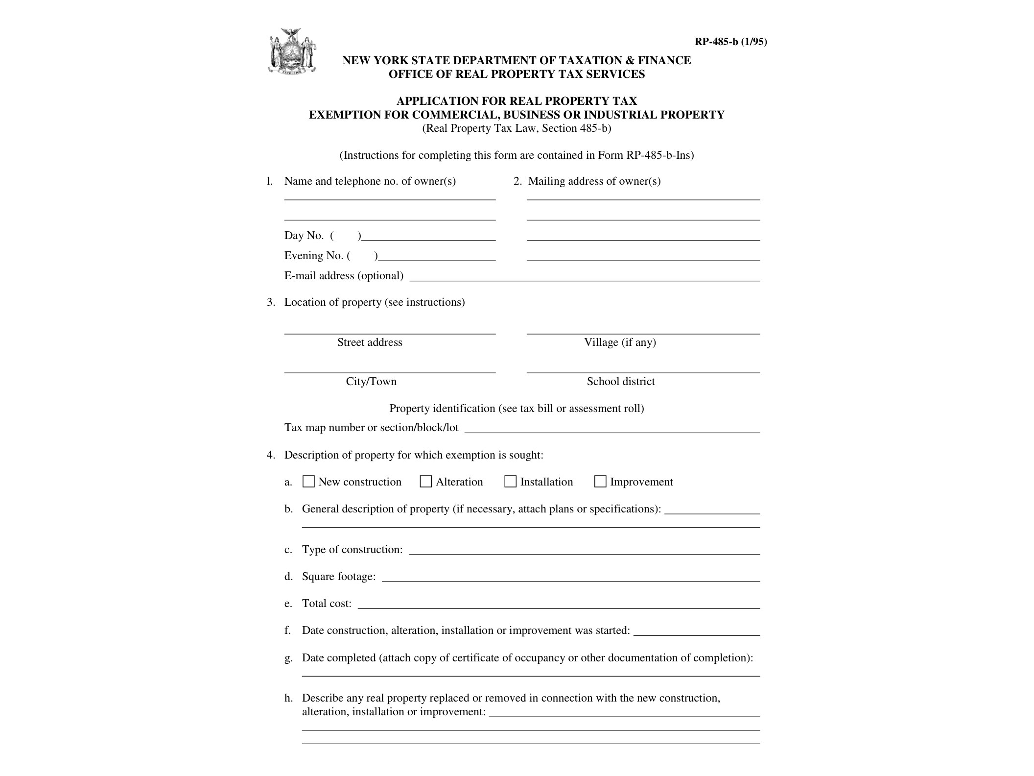RP485B Form RP-485-B:1/95:Application for Real Property Tax Exemption for Commercial, Business or Industraial Property:rp485b - official form preview, page 1