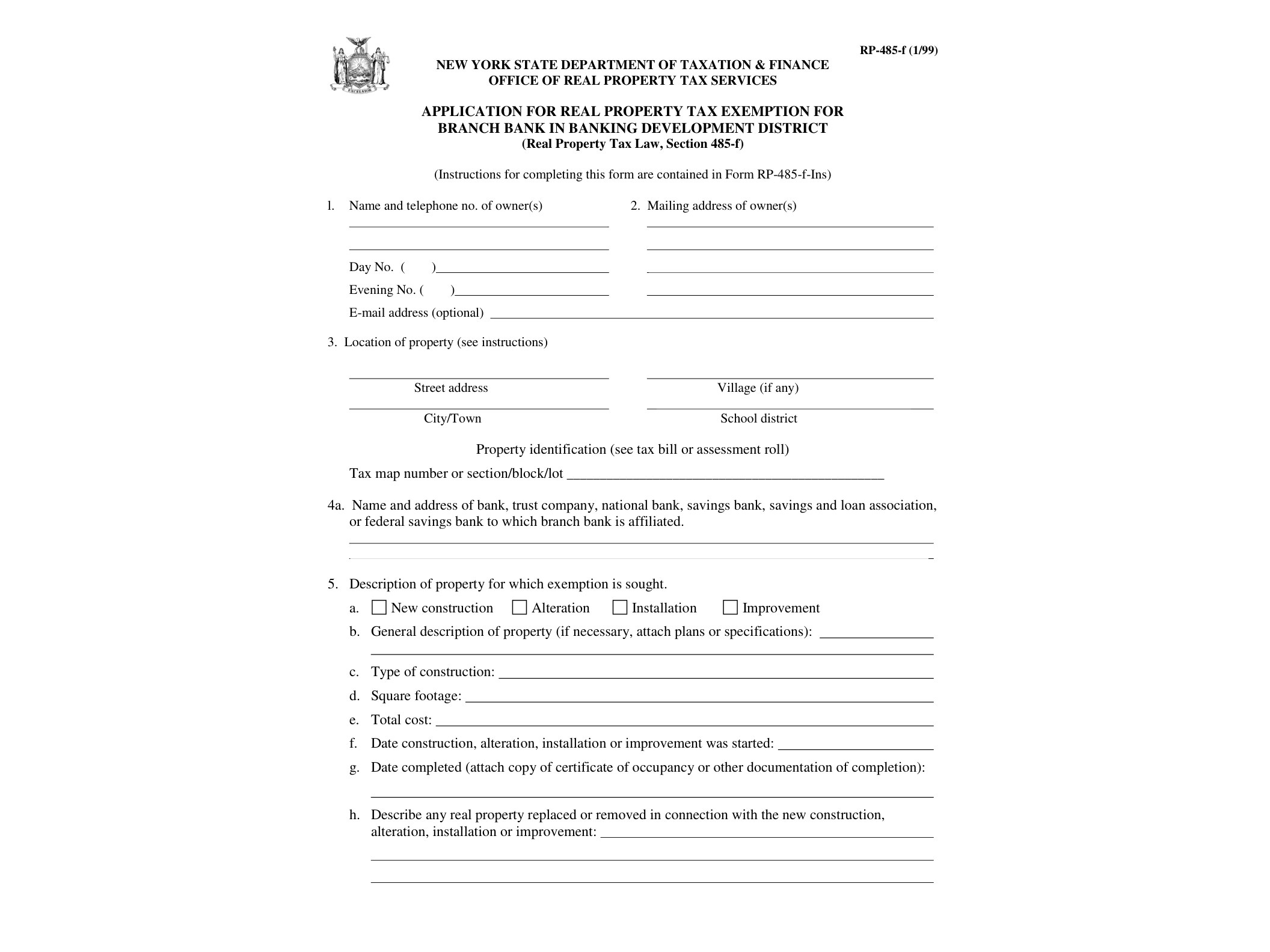 RP485F Form RP-485-F:1/99:Application for Real Property Tax Exemptoin for Branch Bank in Banking Development District:rp485f - official form preview, page 1