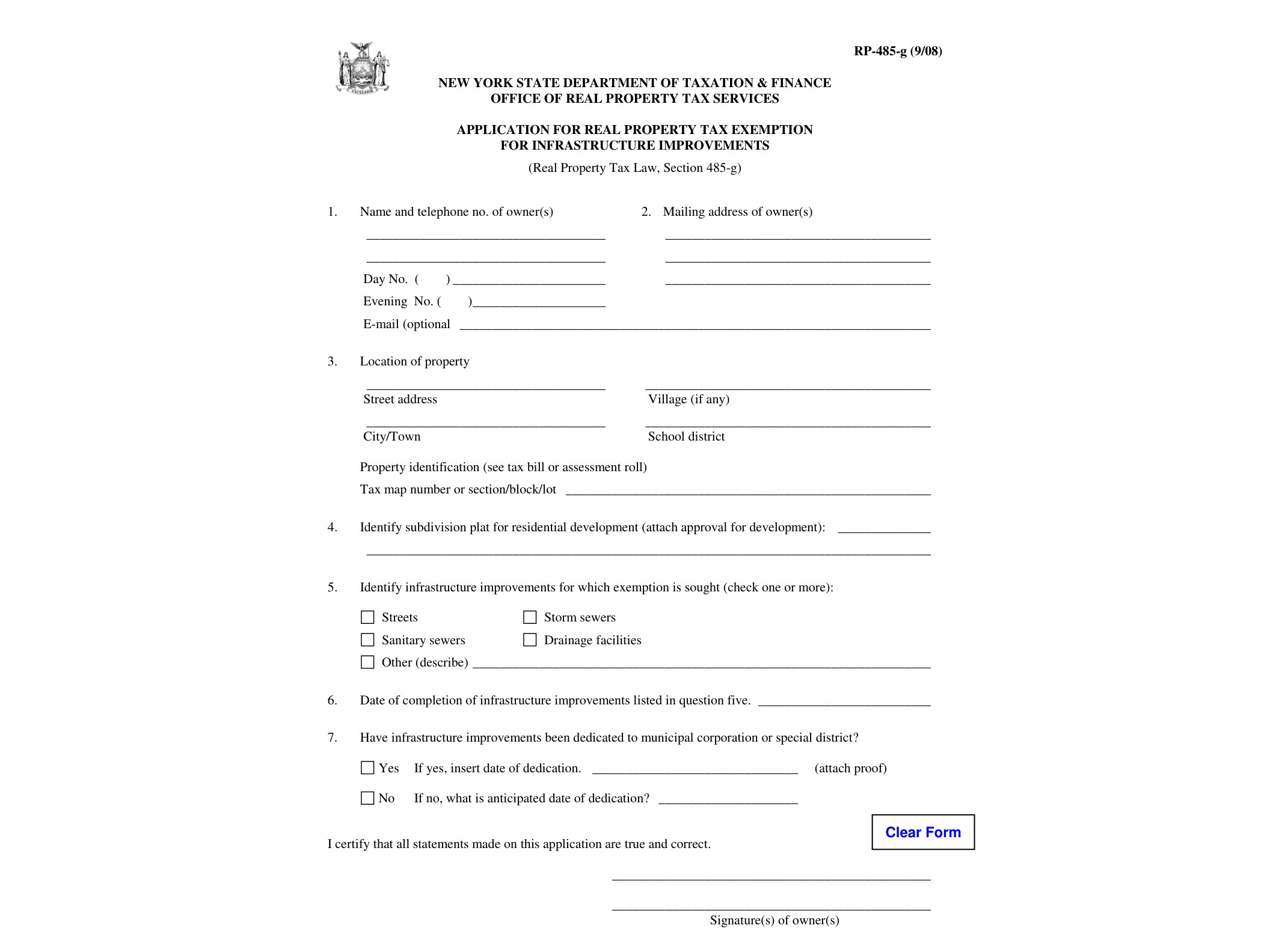 RP485G Form RP-485-G:9/08:Application for Real Property Tax Exemption for Infrastructure Improvements:rp485g - official form preview, page 1