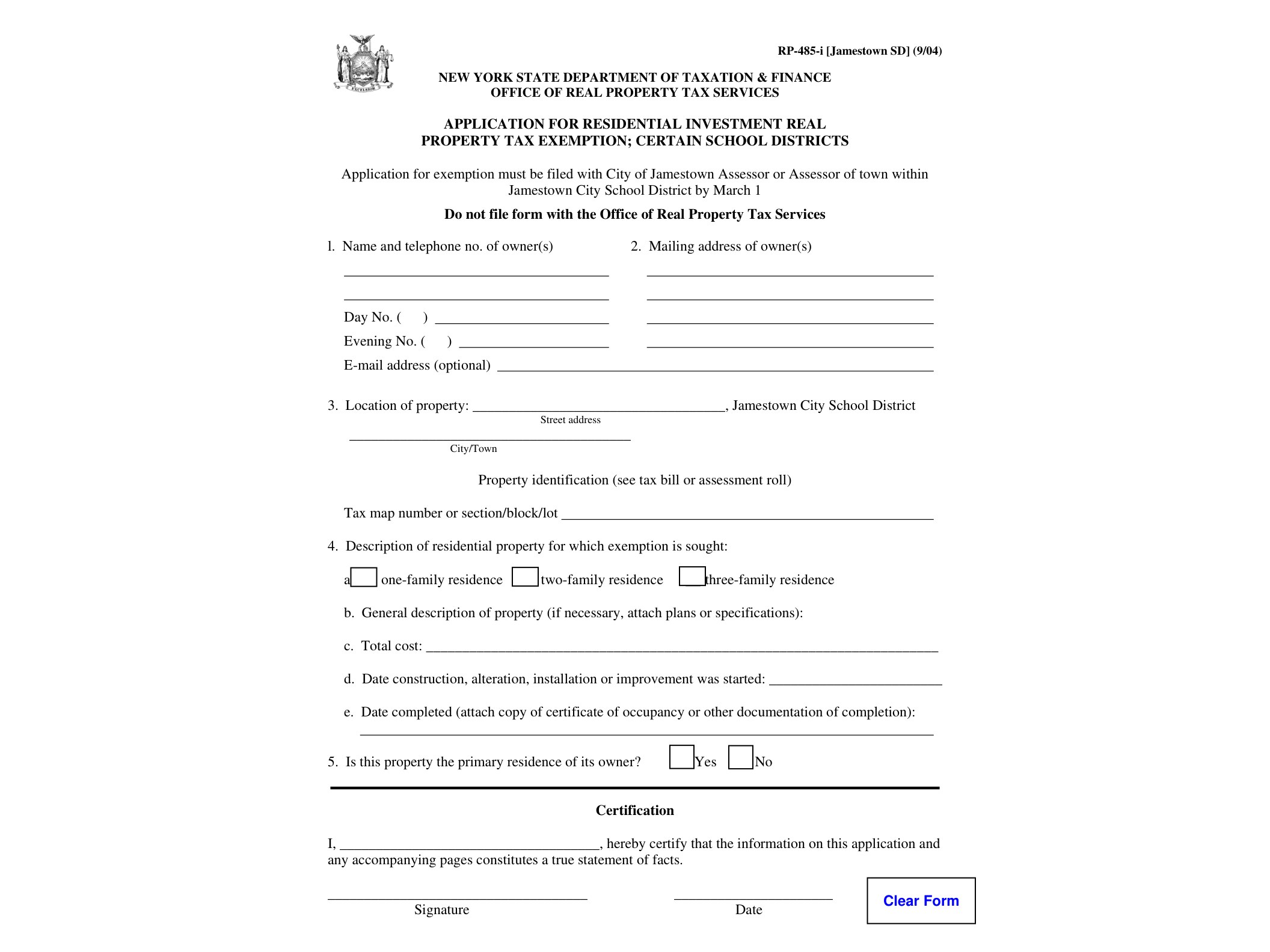 RP485I Form RP-485-I-Jamestown:9/04:Application for Residential Investment Real Proeprty Tax Exemption;Certain School Districts,rp485ijamestownsd - official form preview, page 1