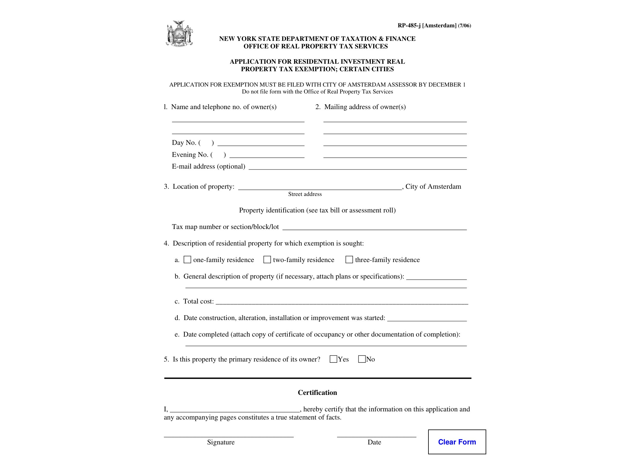 RP485J Form RP485-j-Amsterdam:7/06:Application for Residential Investment Real Property Tax Exemption; Certain Cities: rp485jamsterdam - official form preview, page 1