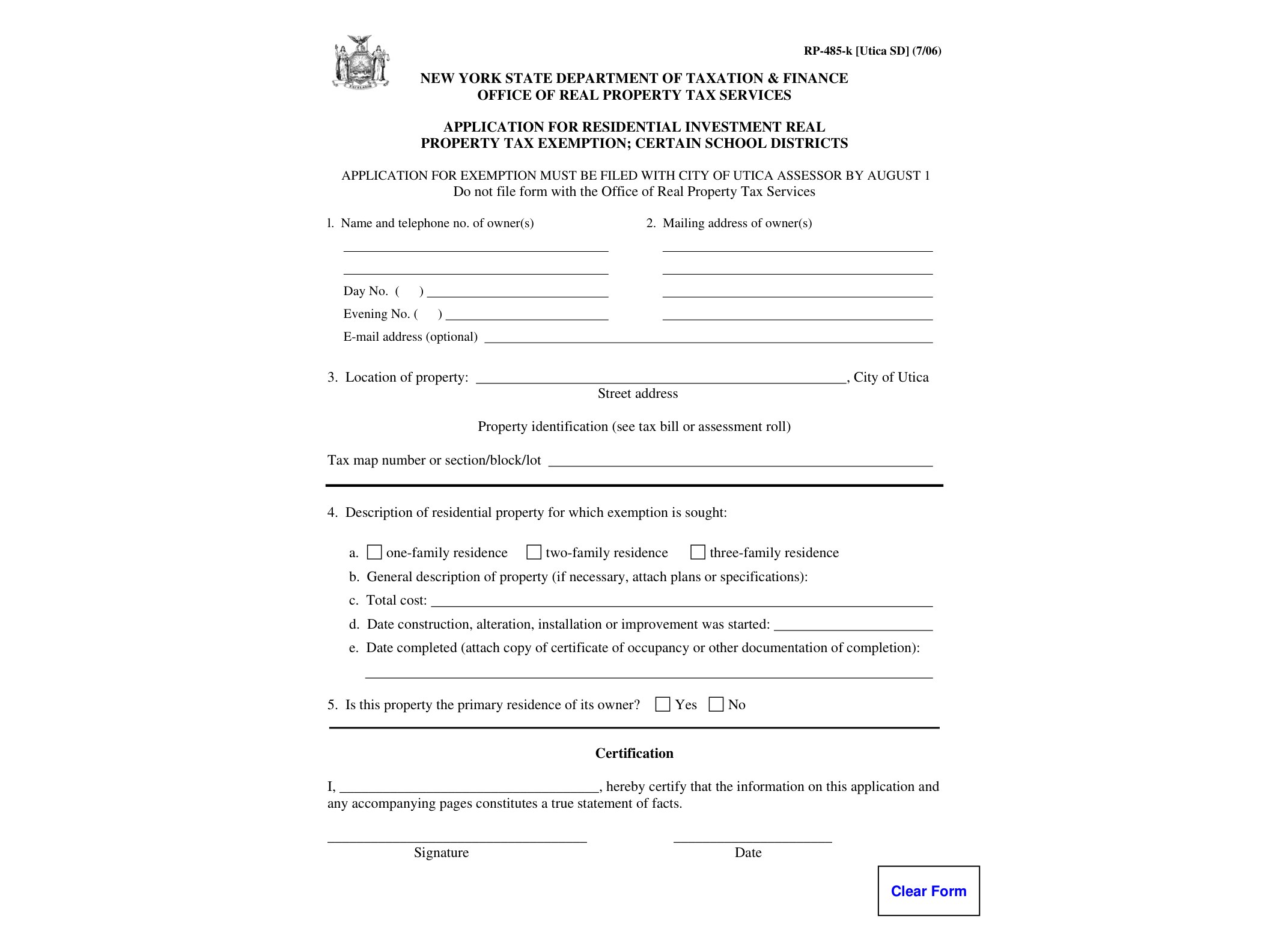 RP485K Form RP-485-k-Utica SD:7/06:Application for Residential Investment Real Property Tax Exemption; Certain School Districts:rp485kuticasd - official form preview, page 1