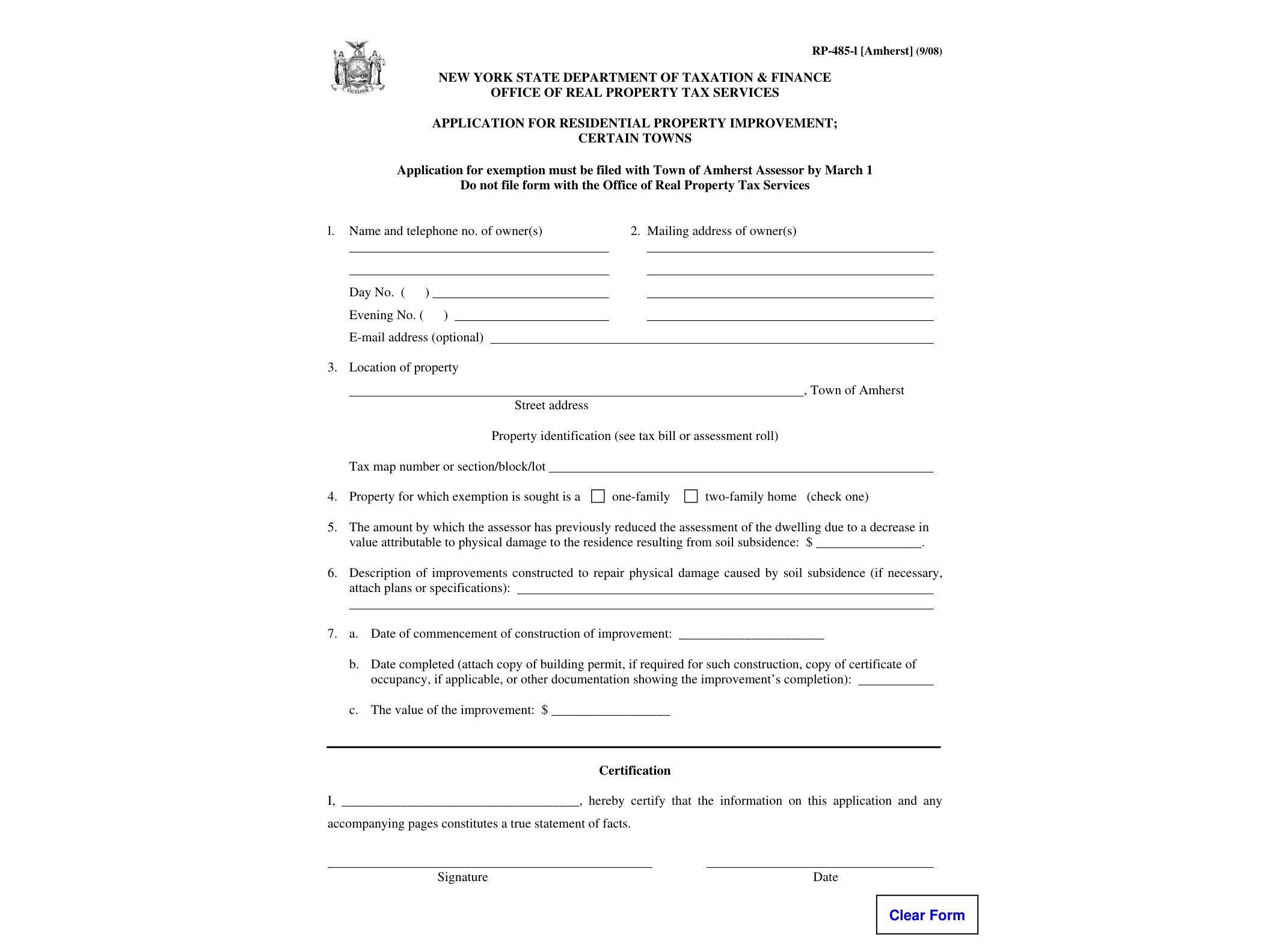 RP485L Form RP-485-l-Amherst:9/08:Application for Residential Property Improvement; Certain Towns:rp485lamherst - official form preview, page 1