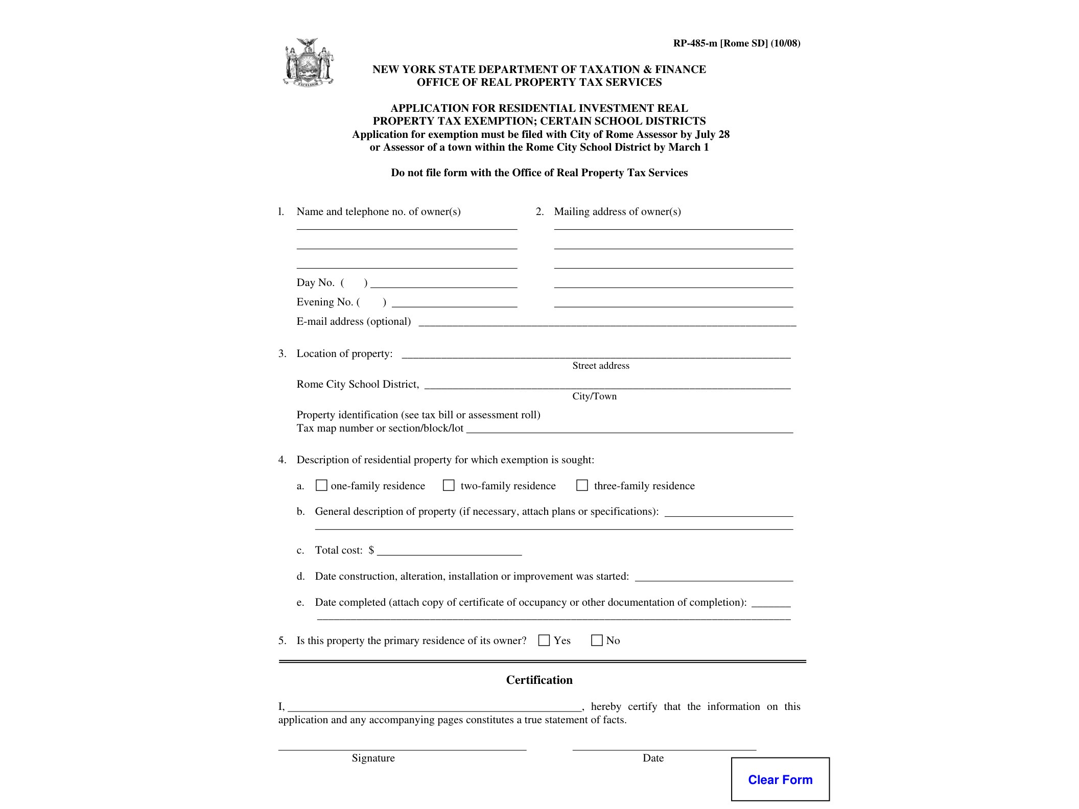 RP485M Form RP-485-m-Rose SD:10/08:Application for Residential Investment Real Property Tax Exemption; Certain School Districts:rp485mrosesd - official form preview, page 1