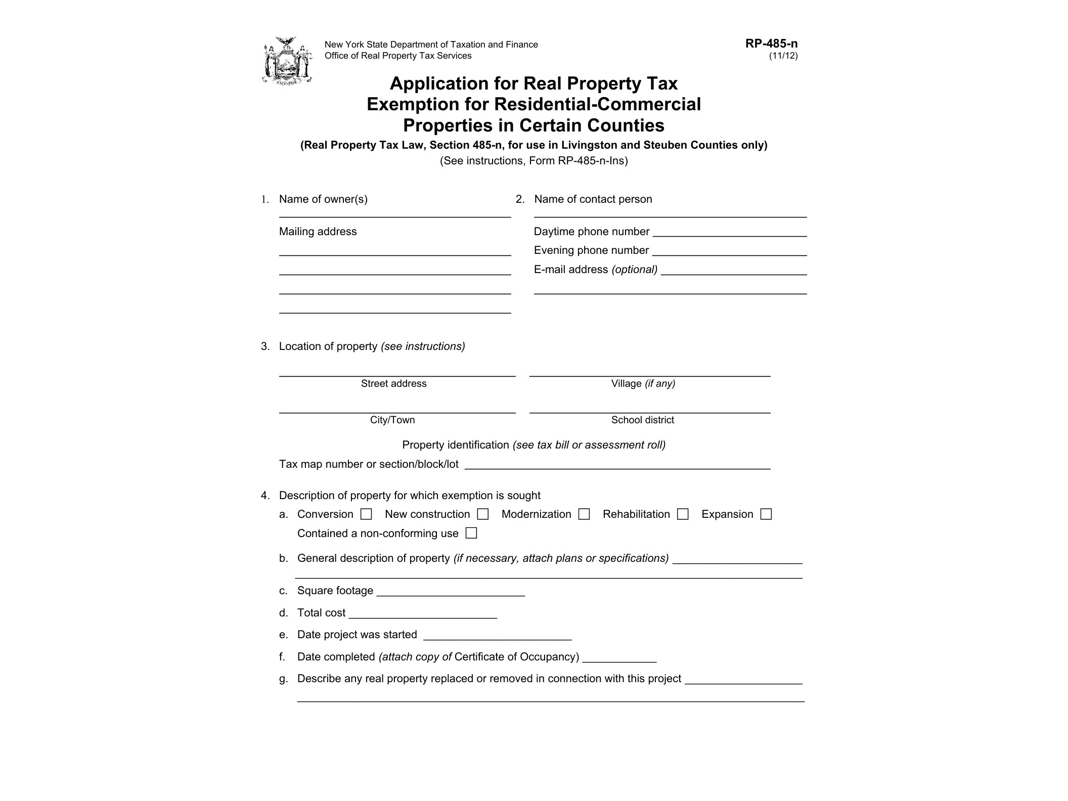 RP485N Form RP-485-n: 11/12: Application for Real Property Tax Exemption for Residential-Commercial Properties in Certain Counties: rp485n - official form preview, page 1