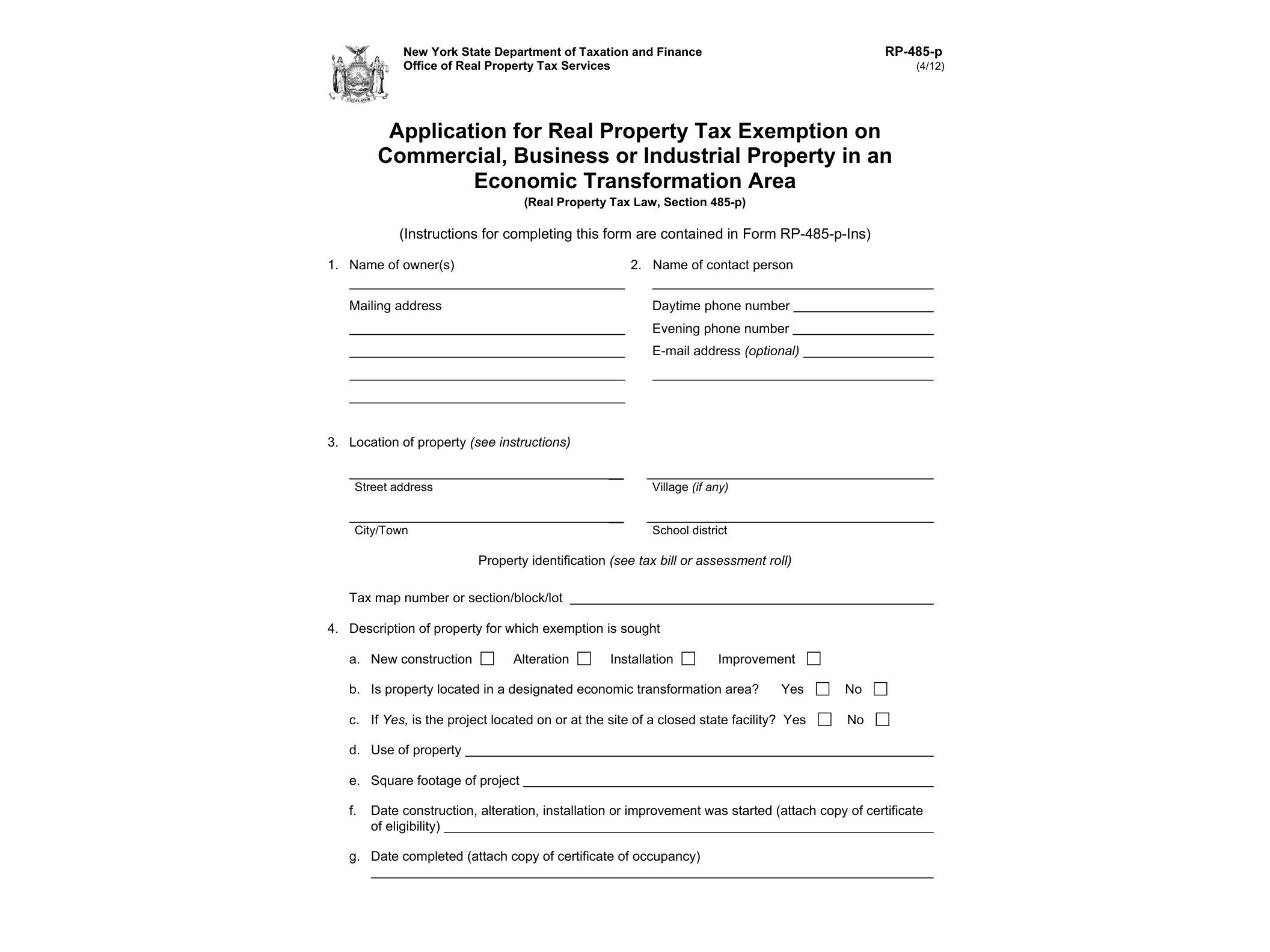 RP485P Form RP-485-p:4/12:Application for Real Property Tax Exemption on Commercial, business or Industrial Property in an Economic Transformation Area:rp485p - official form preview, page 1