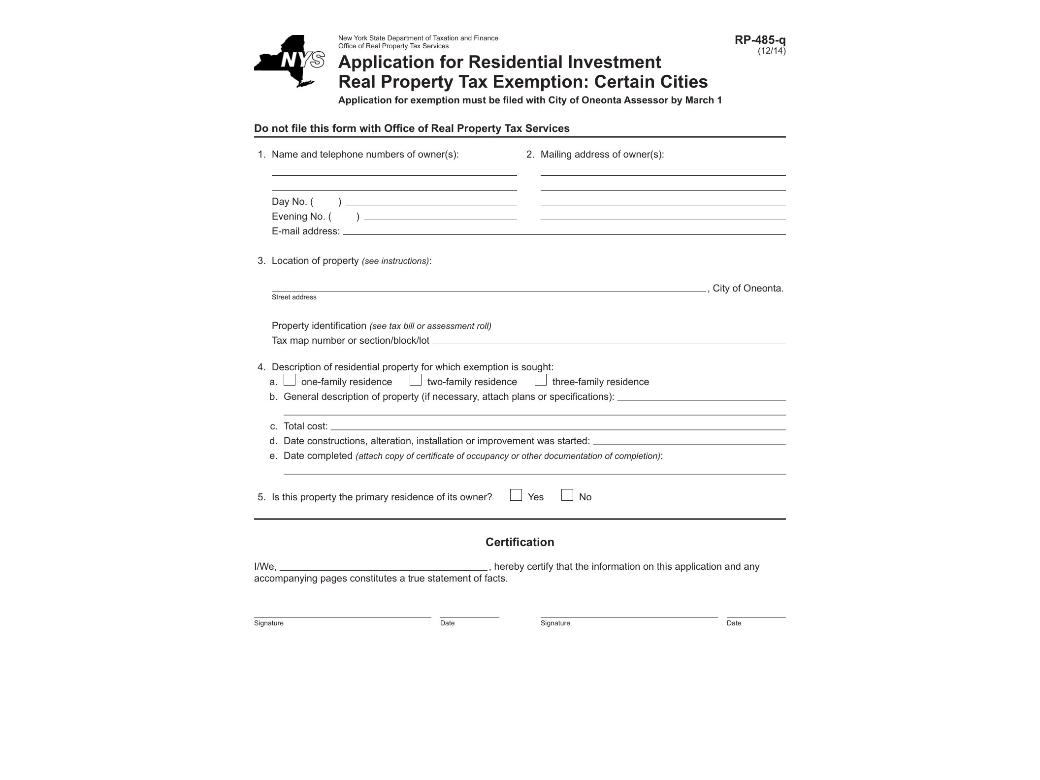 RP485Q Form RP-485-q:12/14:Application for Residental Investment Real Property Tax Exemption: Certain Cities:rp485q - official form preview, page 1