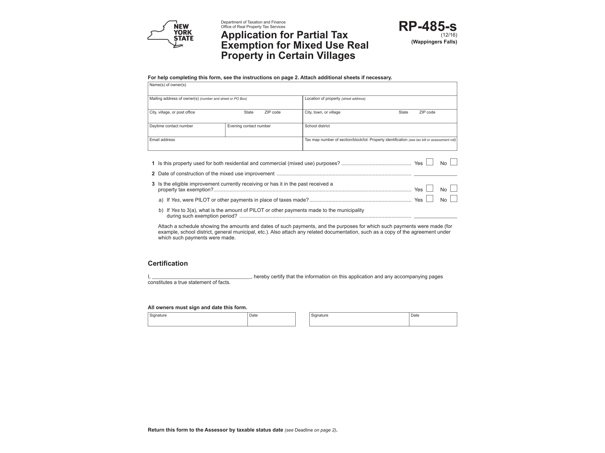 RP485S Form RP-485-s:12/16:Application for Partial Tax Exemption for Mixed Use Real Property in Certain Villages:rp485s - official form preview, page 1
