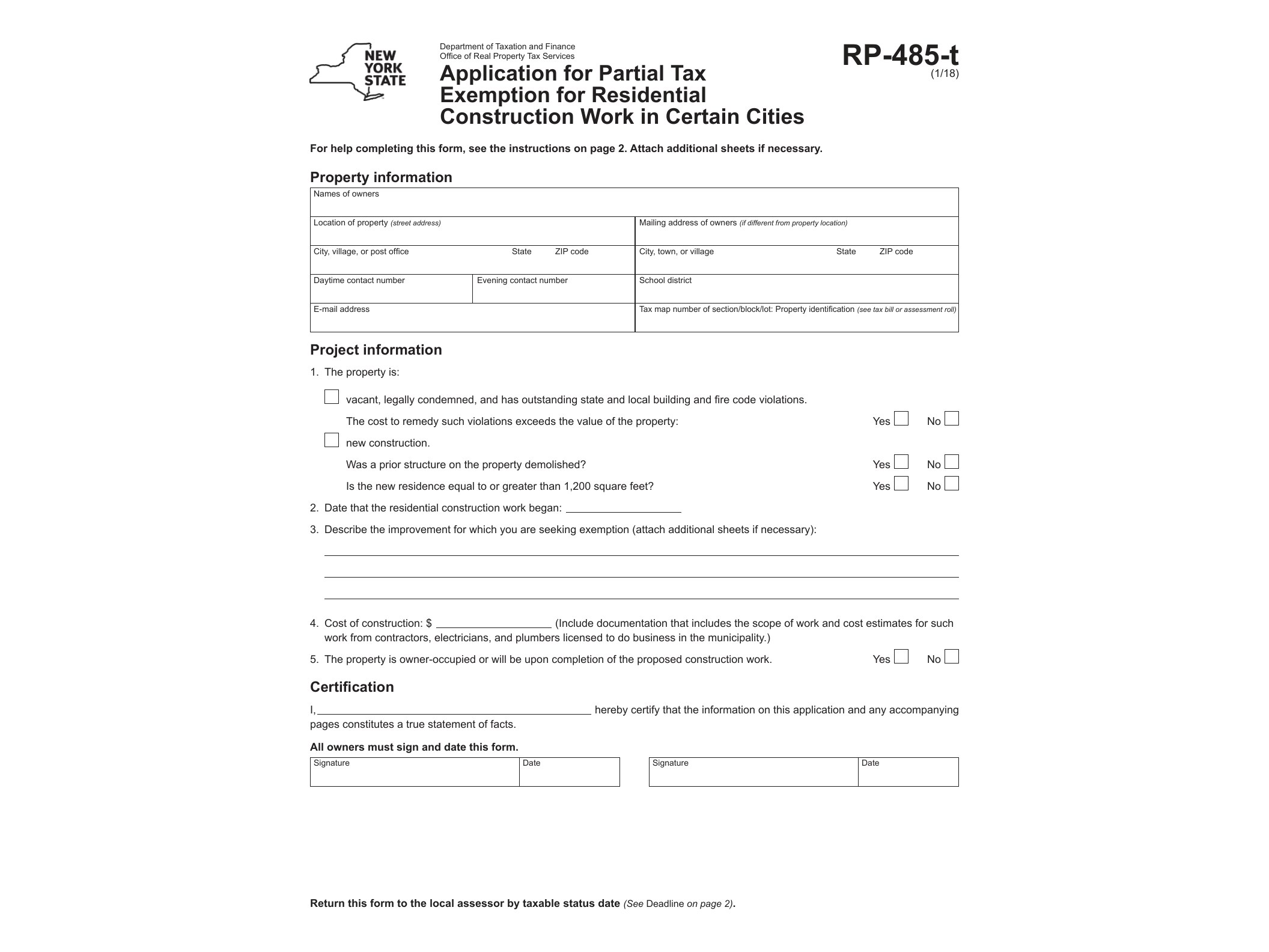RP485T Form RP-485-t:1/18:Application for Partial Tax Exemption for Residential Construction Work in Certain Cities:rp485t - official form preview, page 1