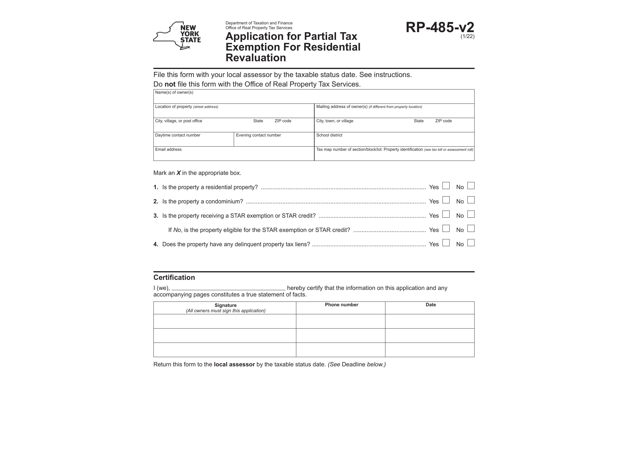 RP485V Form RP-485-v2 Application for Partial Tax Exemption For Residential Revaluation Revised 1/22 - official form preview, page 1