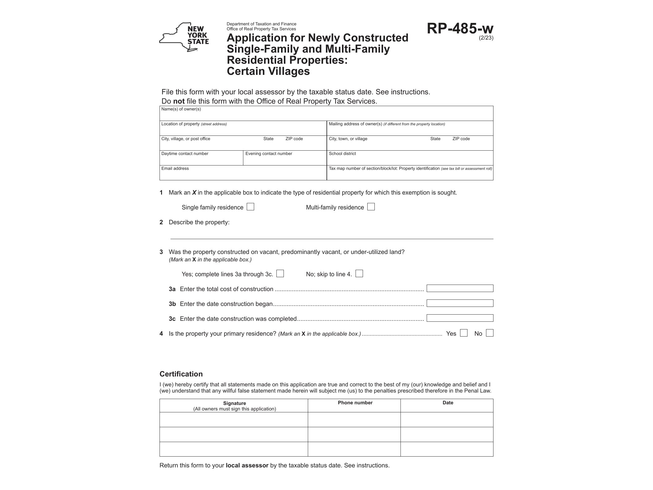 RP485W Form RP-485-w Application for Newly Constructed Single-Family and Multi-Family Residential Properties: Certain Villages Revised 2/23 - official form preview, page 1
