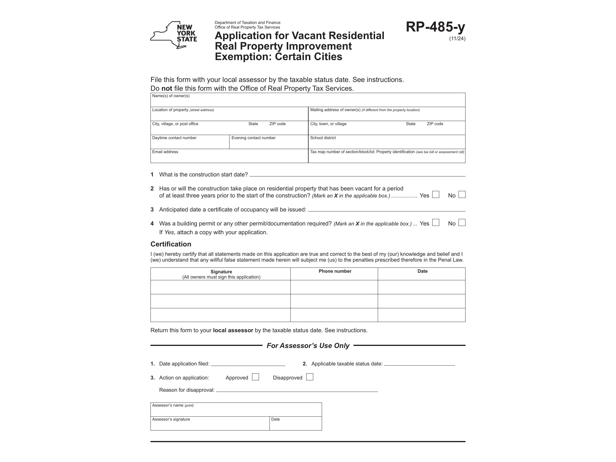 RP485Y Form RP-485-y Application for Vacant Residential Real Property Inprovement Exemption: Certain Cities Revised 11/24 - official form preview, page 1
