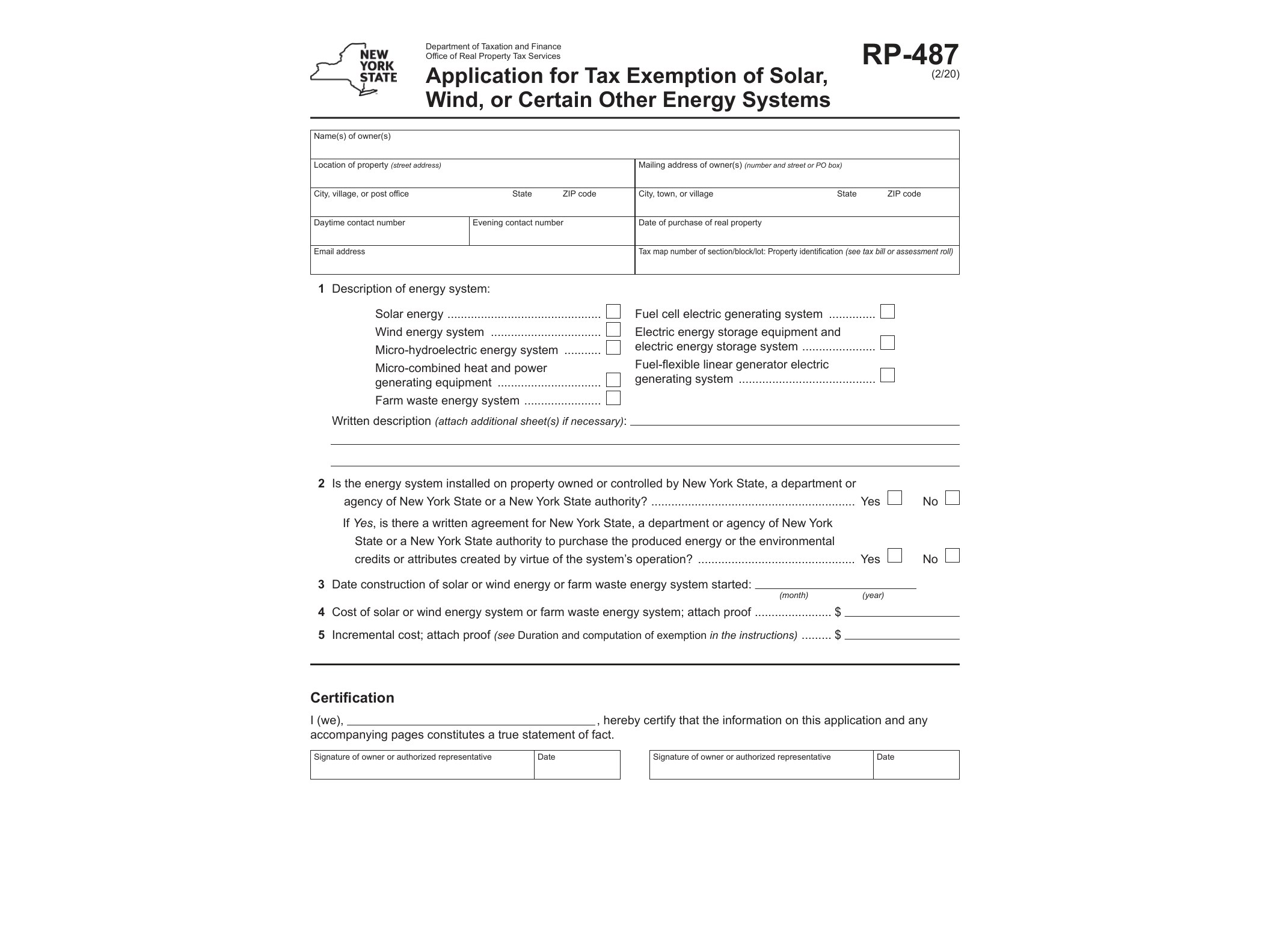 RP487 Form RP-487:2/20:Application for Tax Exemption of Wind Energy Systems or Certain Other Energy Systems:rp487 - official form preview, page 1