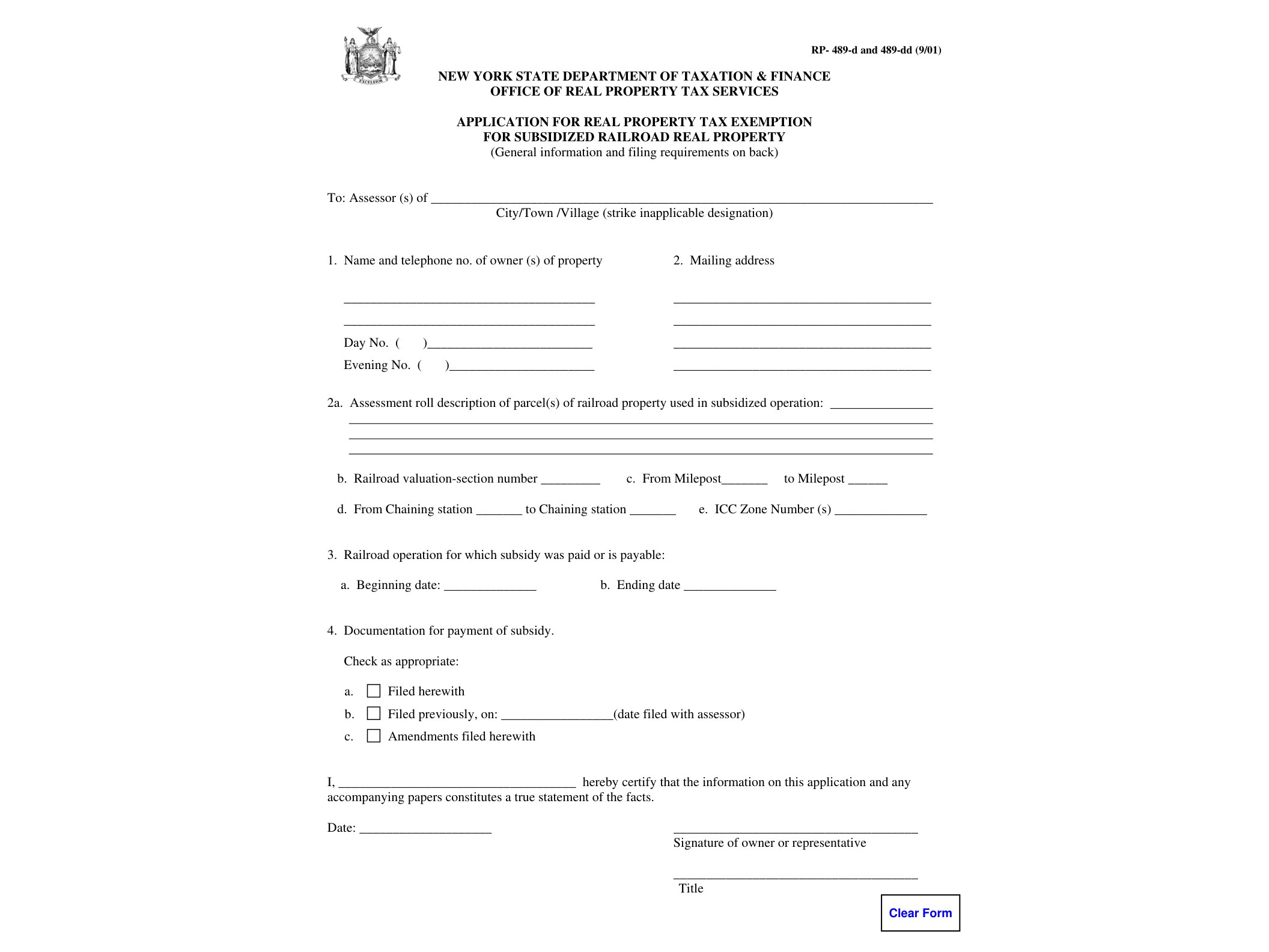 RP489DRP Form RP-489-d and 489-dd:9/01:Application for Real Property Tax Exemption for Subsidized Railroad Real Property:rp489d:rp489dd - official form preview, page 1