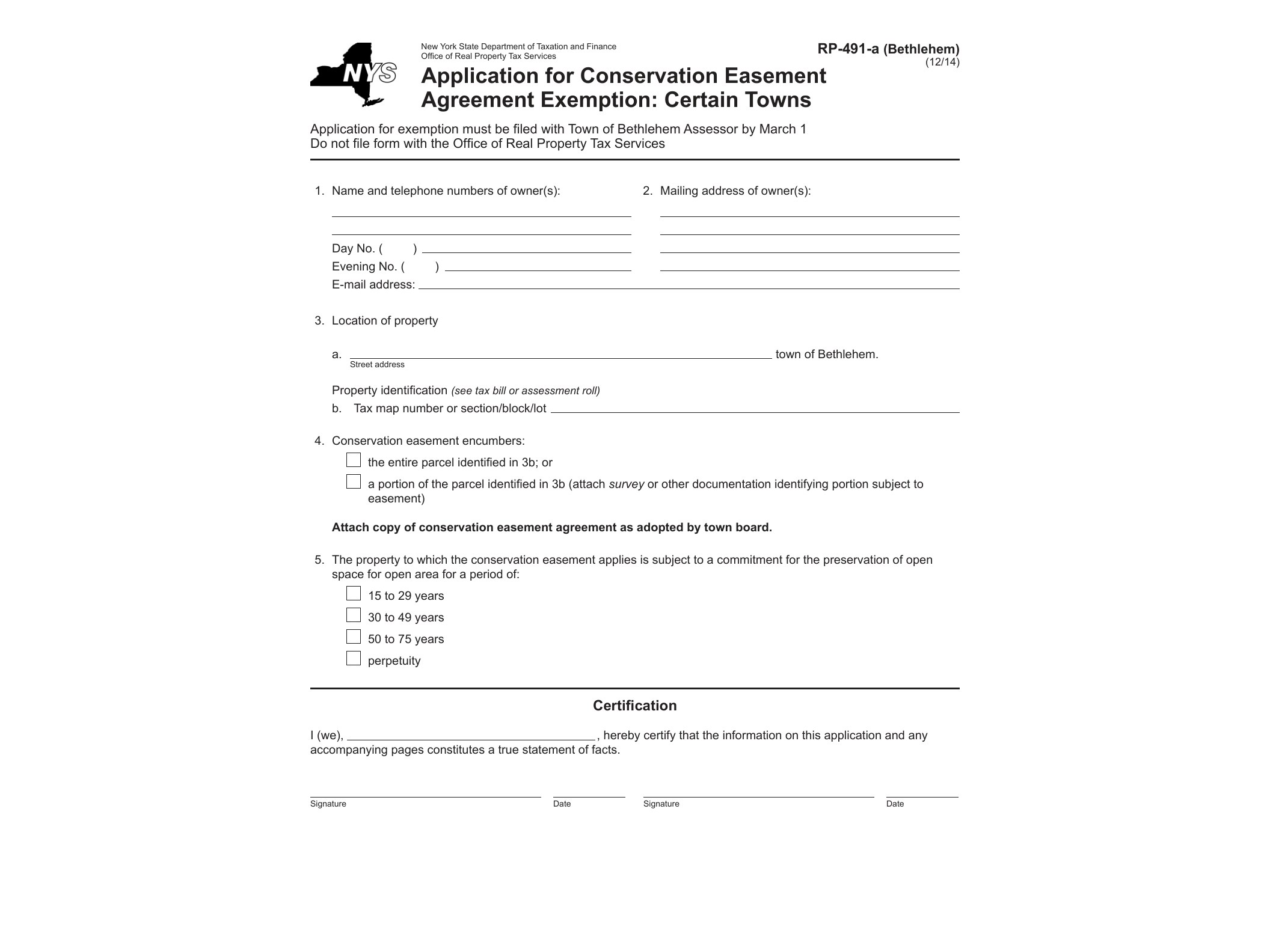 RP491A Form RP-491-a:Bethlehem:12/14:Application for Conservation Easement Agreement Exemption:rp491abethlehem - official form preview, page 1