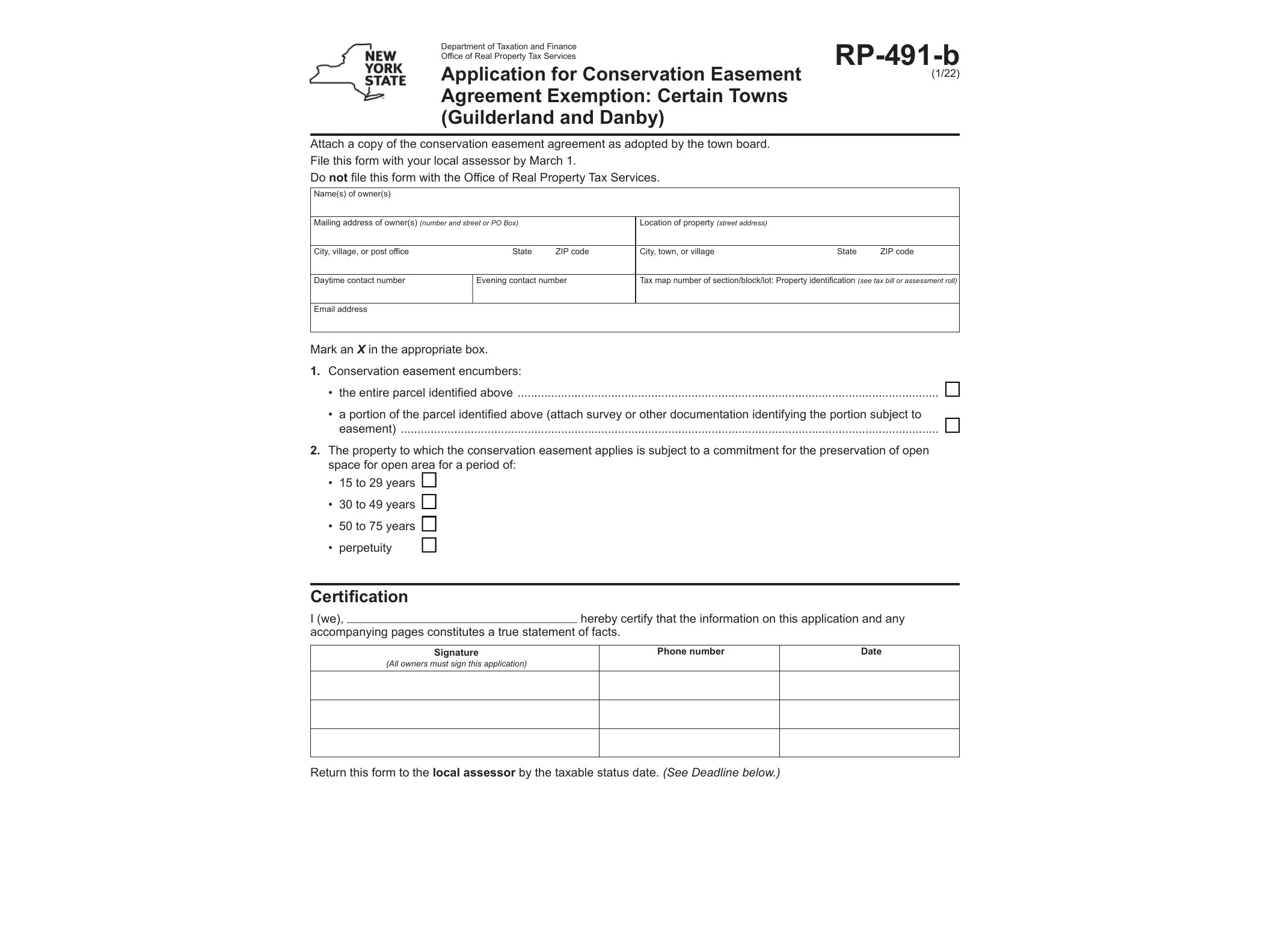RP491B Form RP-491-b Application for Conservation Easement Agreement Exemption: Certain Towns (Guilderland and Danby) Revised 1/22 - official form preview, page 1