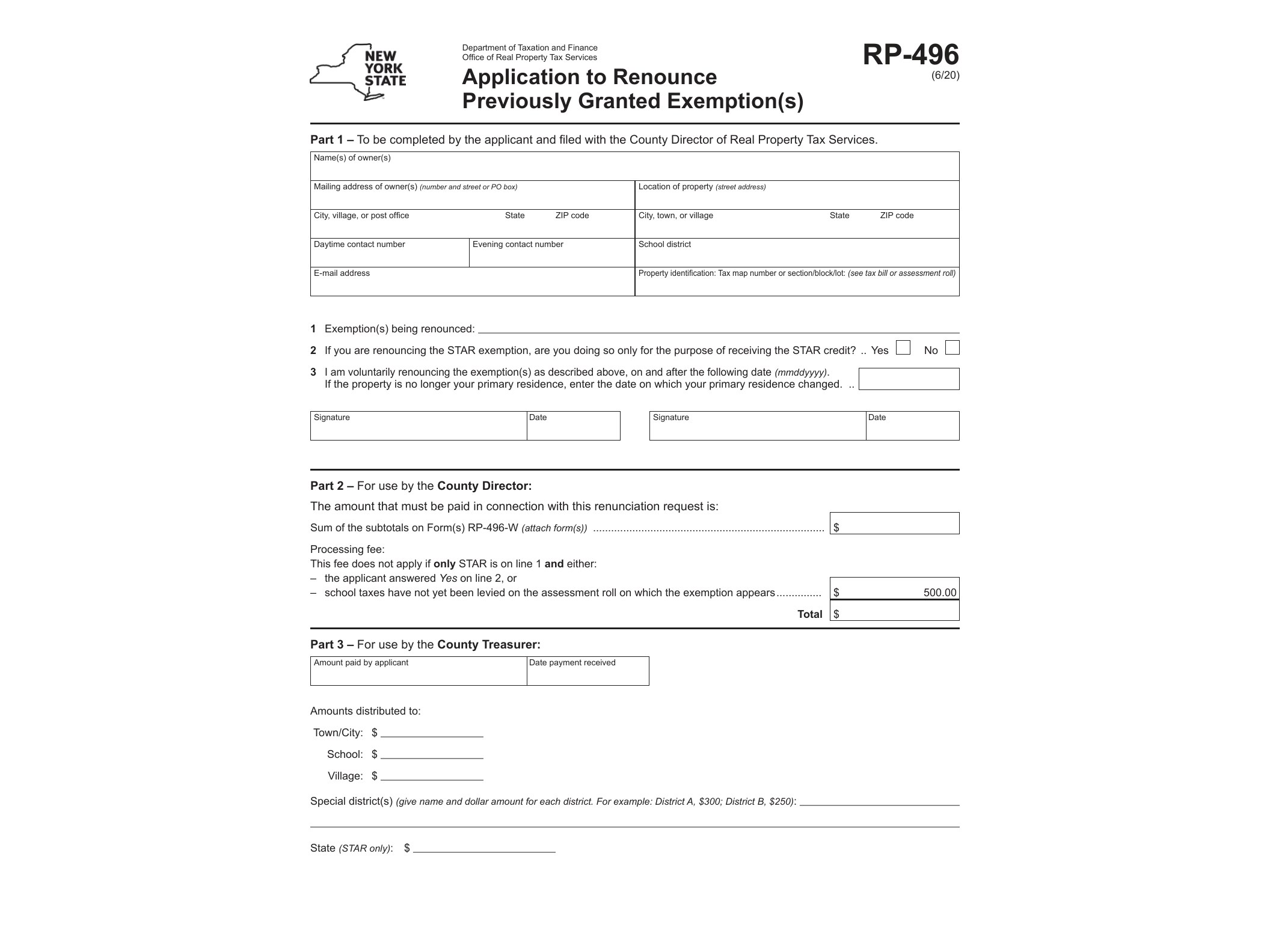 RP496 Form RP-496 Application to Renounce Previously Granted Exemptions Revised 6/20 - official form preview, page 1