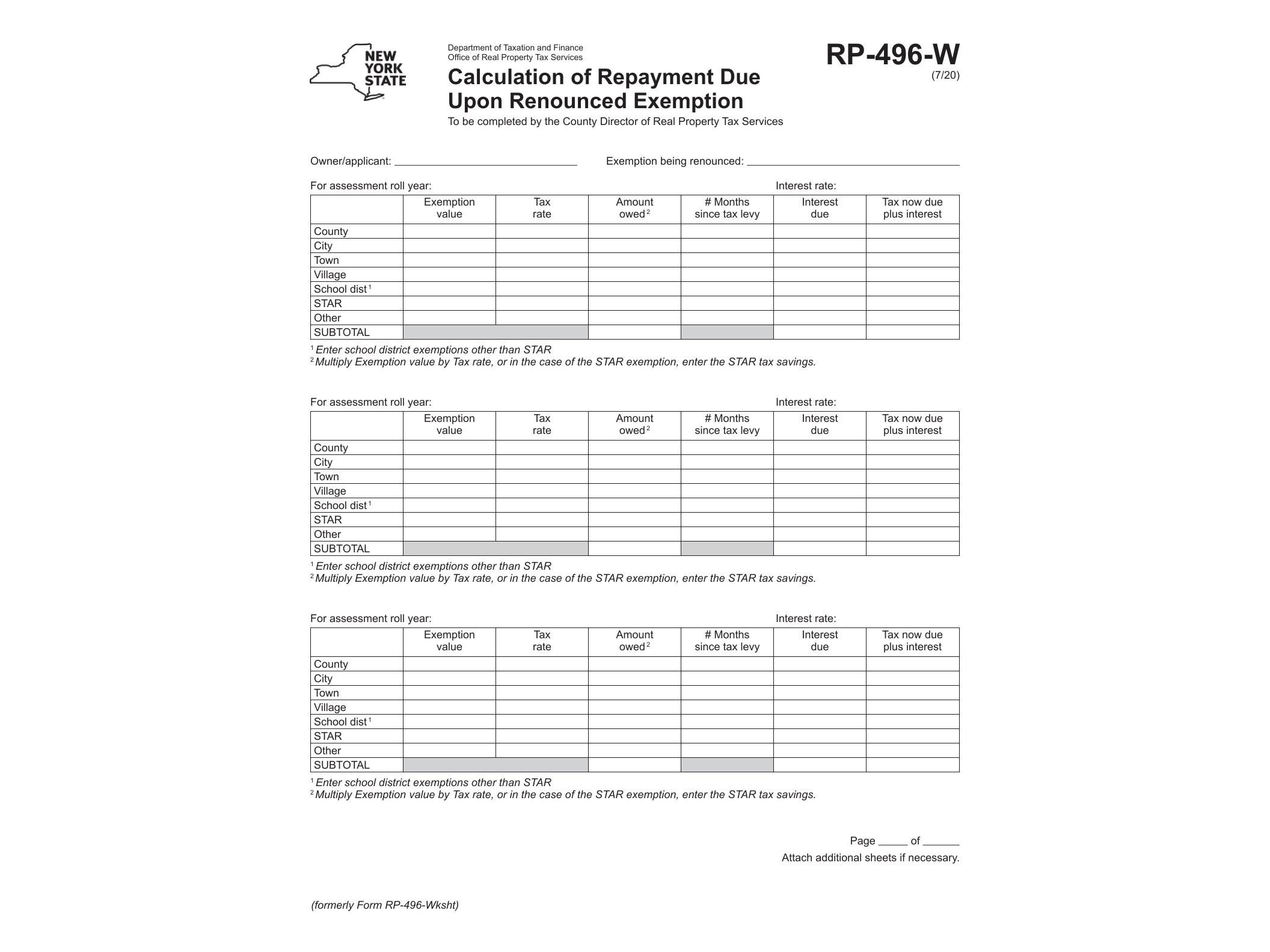RP496W Form RP-496-W Calculation of Repayment Due Upon Renounced Exemption Revised 7/20 - official form preview, page 1